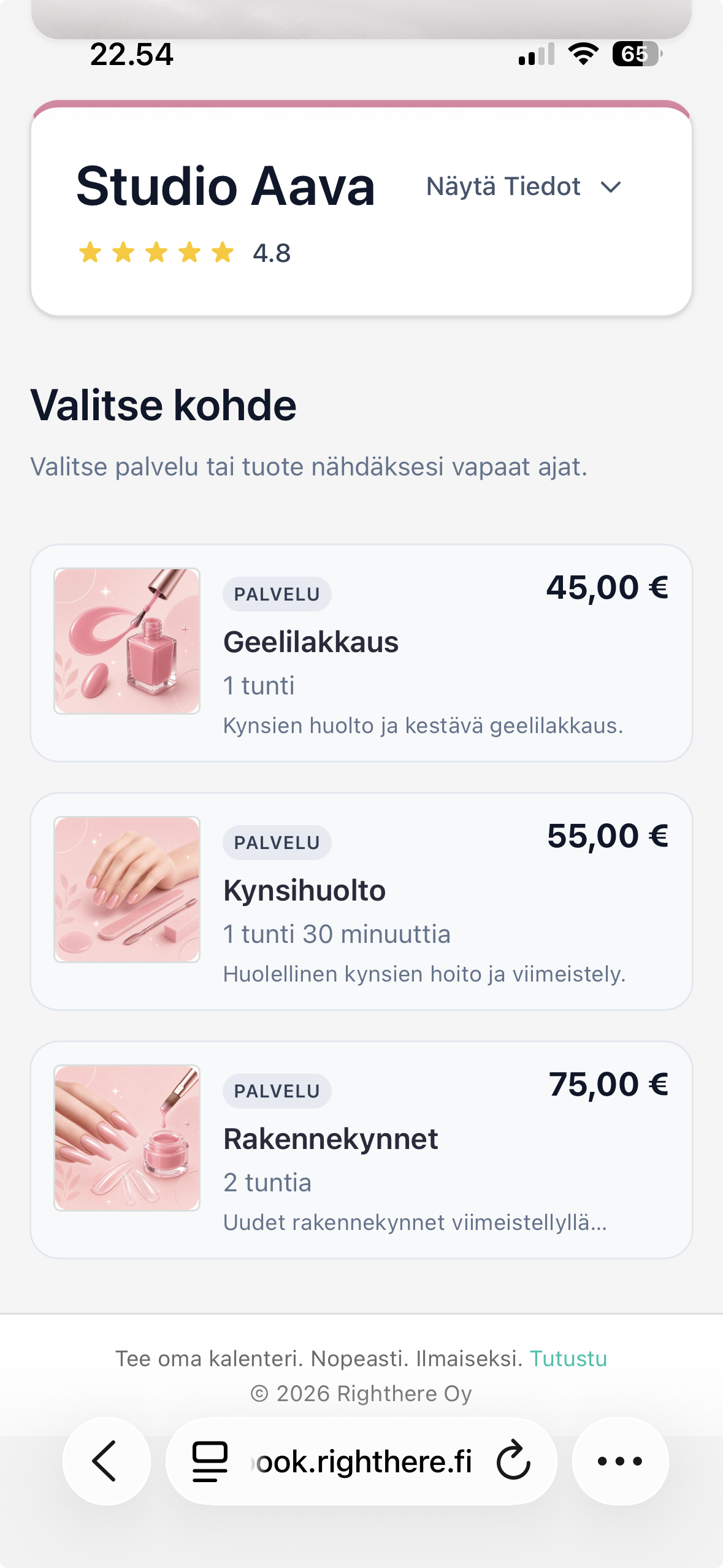 Righthere-sovellus: asiakas valitsee päivän ja ajan palveluvarauksessa