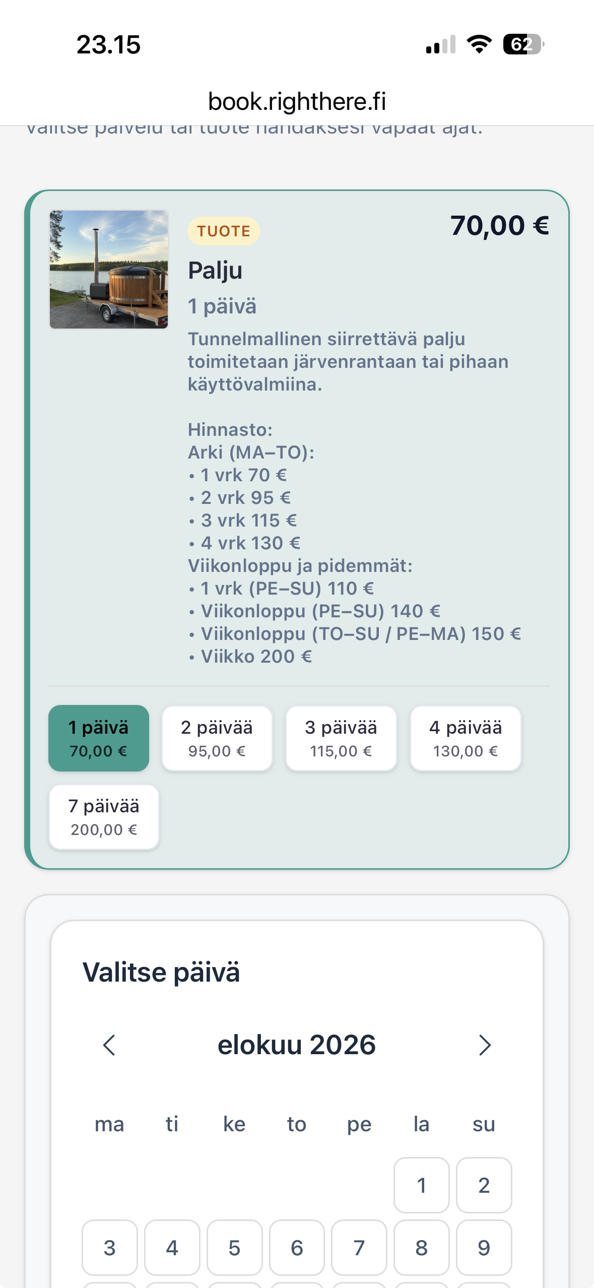 Righthere-sovellus: vuokrakohteen saatavuus kuukausinäkymässä