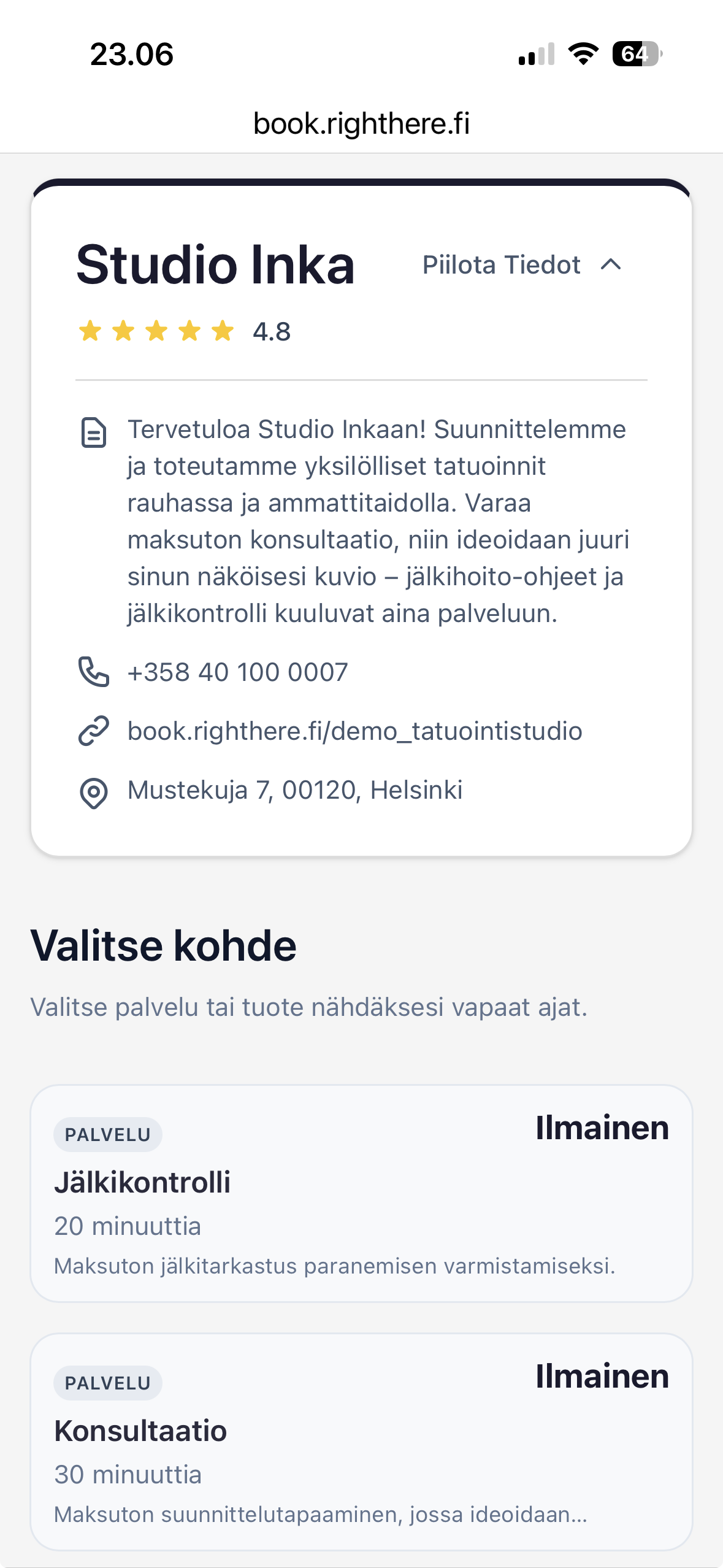 Konsultaatiot ja tatuointiajat yhteen kalenteriin