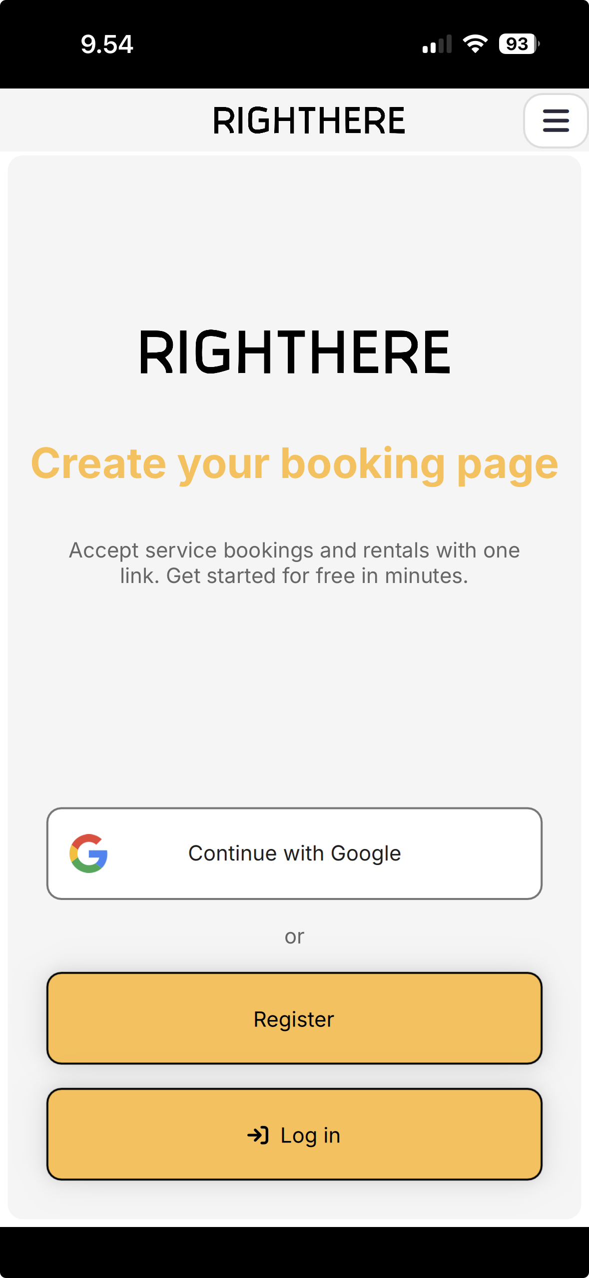 Righthere app welcome screen with Register and Log in buttons.