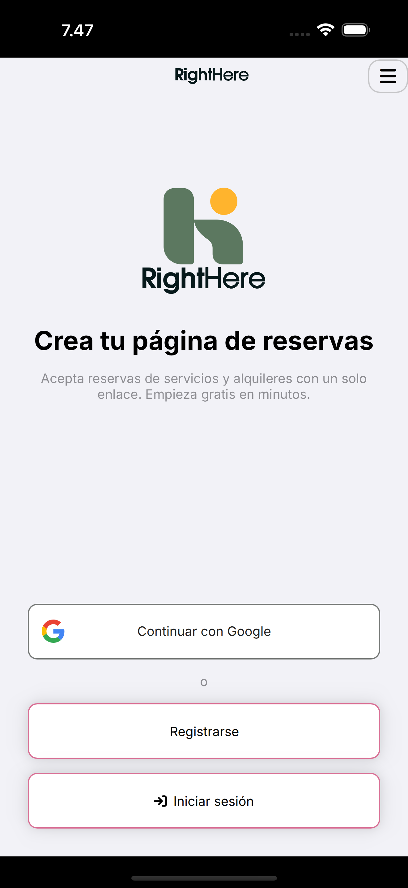 Pantalla de bienvenida de RightHere con Continuar con Google, Registrarse e Iniciar sesión.