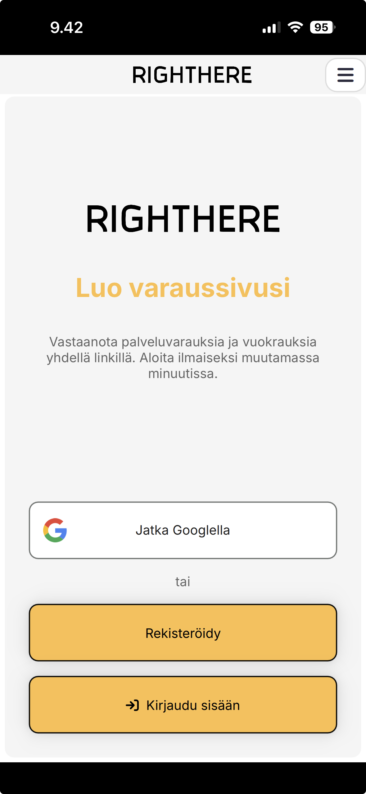 Righthere-sovelluksen aloitusnäkymä: Luo varaussivusi -painikkeet rekisteröitymiseen ja kirjautumiseen.