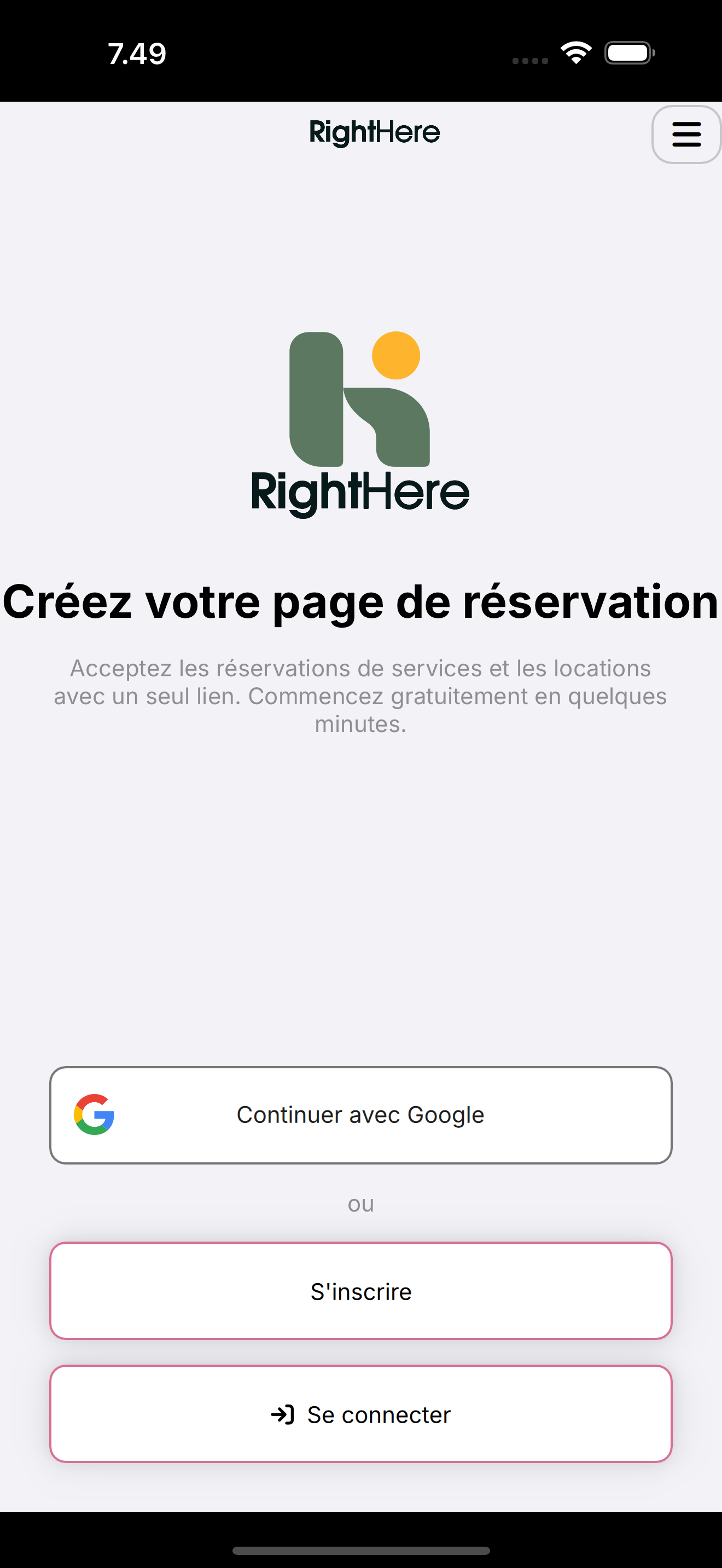 Écran d’accueil RightHere avec Continuer avec Google, S’inscrire et Se connecter.