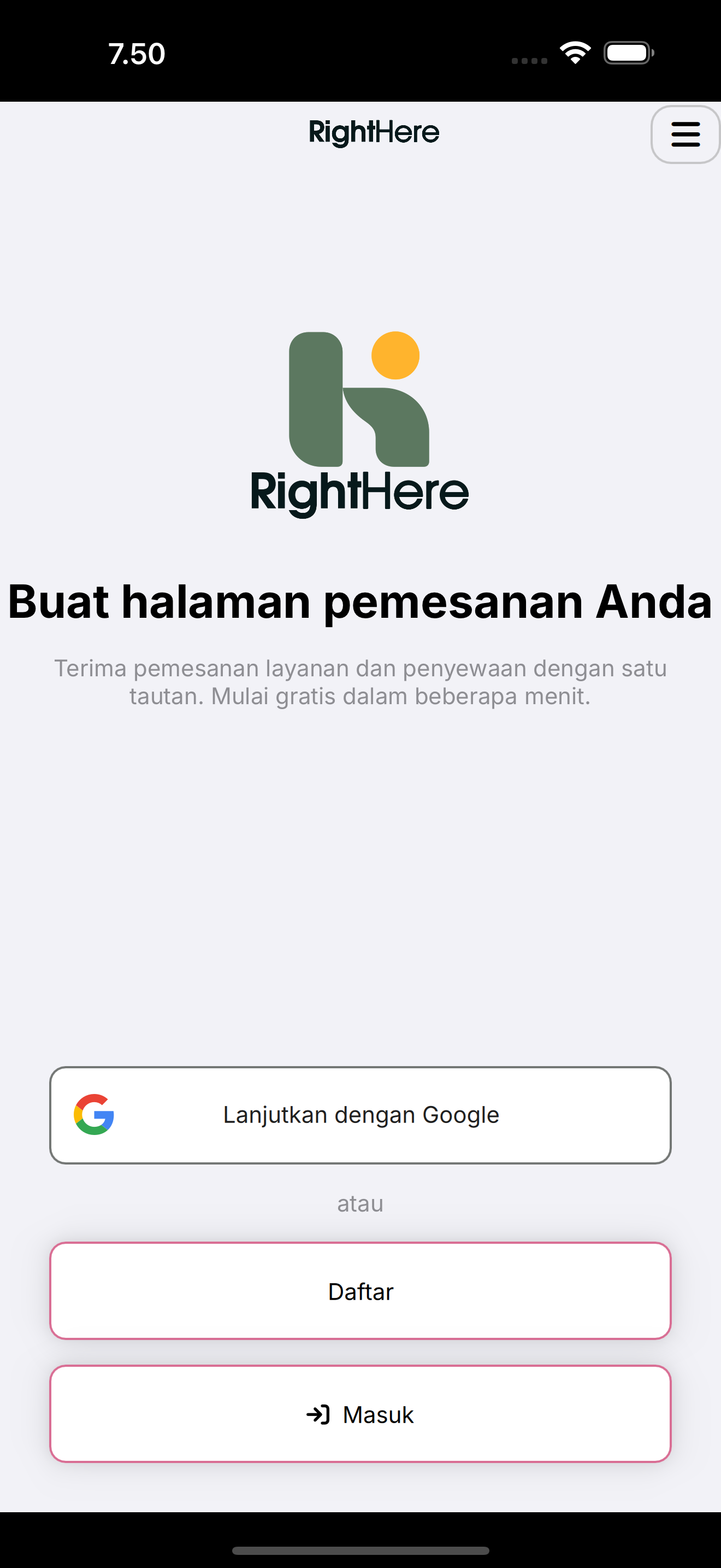 Layar selamat datang RightHere dengan Lanjutkan dengan Google, Daftar, dan Masuk.