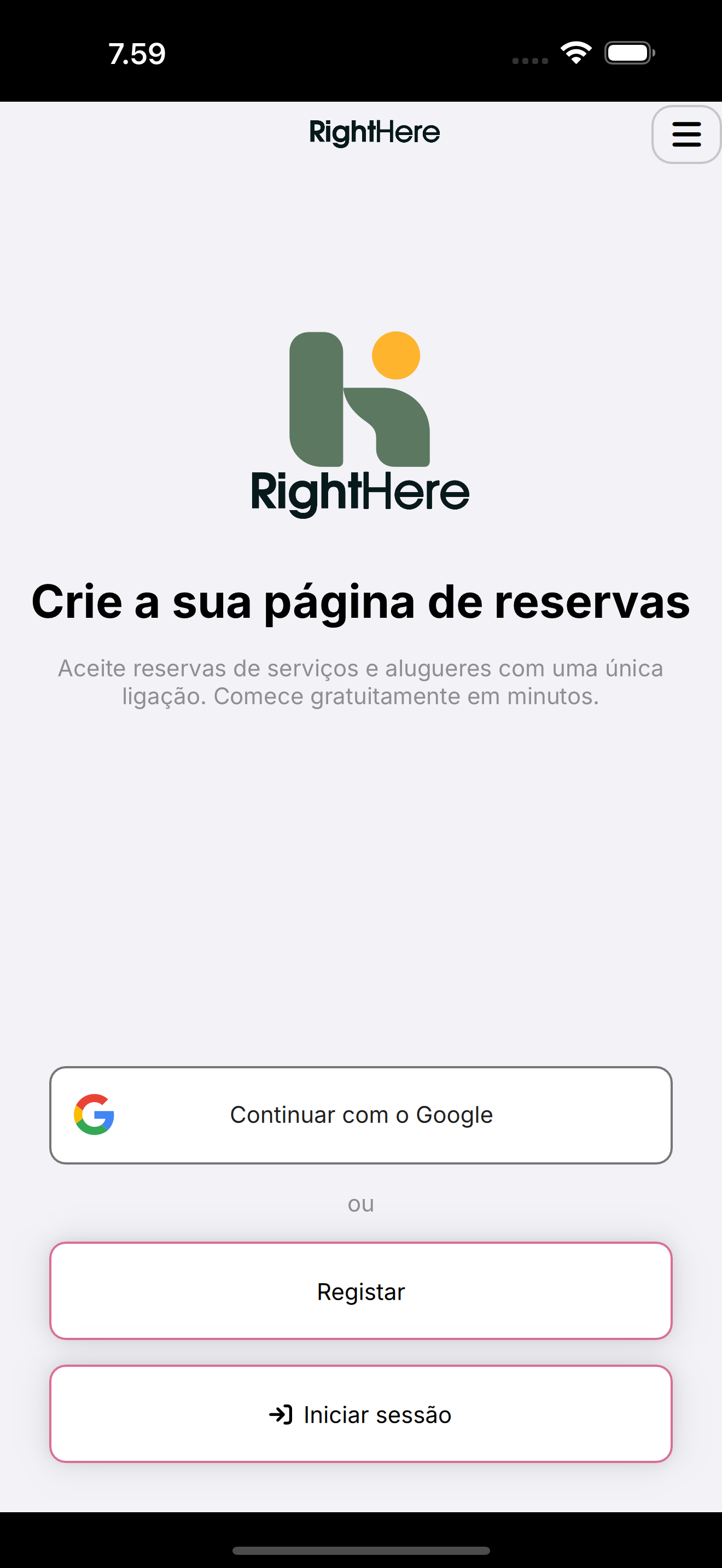 Ecrã de boas-vindas da RightHere com Continuar com o Google, Registar e Iniciar sessão.