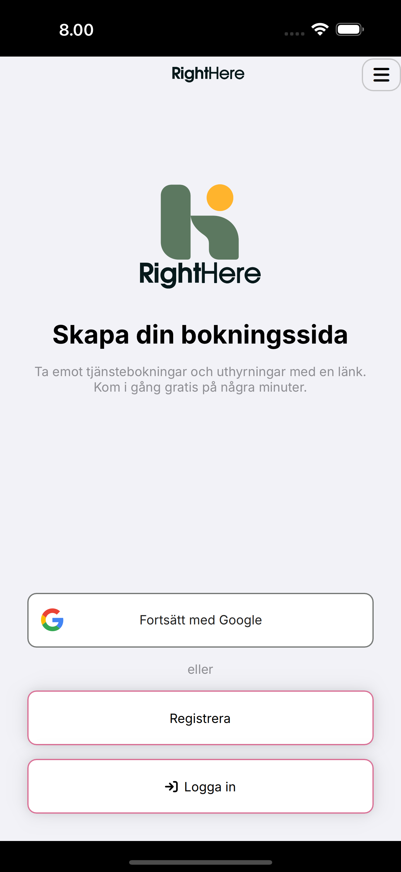 RightHeres välkomstskärm med Fortsätt med Google, Registrera och Logga in.