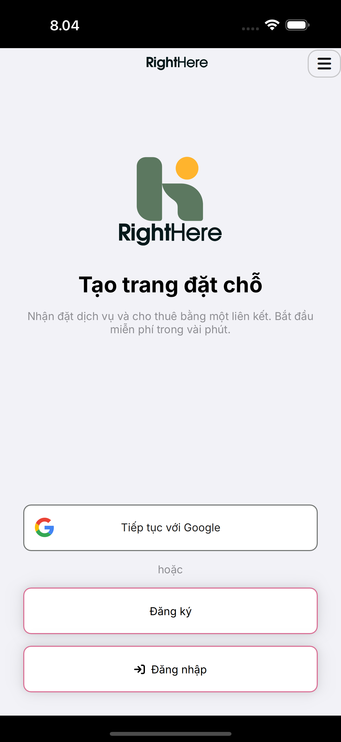 Màn hình chào RightHere với Tiếp tục với Google, Đăng ký và Đăng nhập.