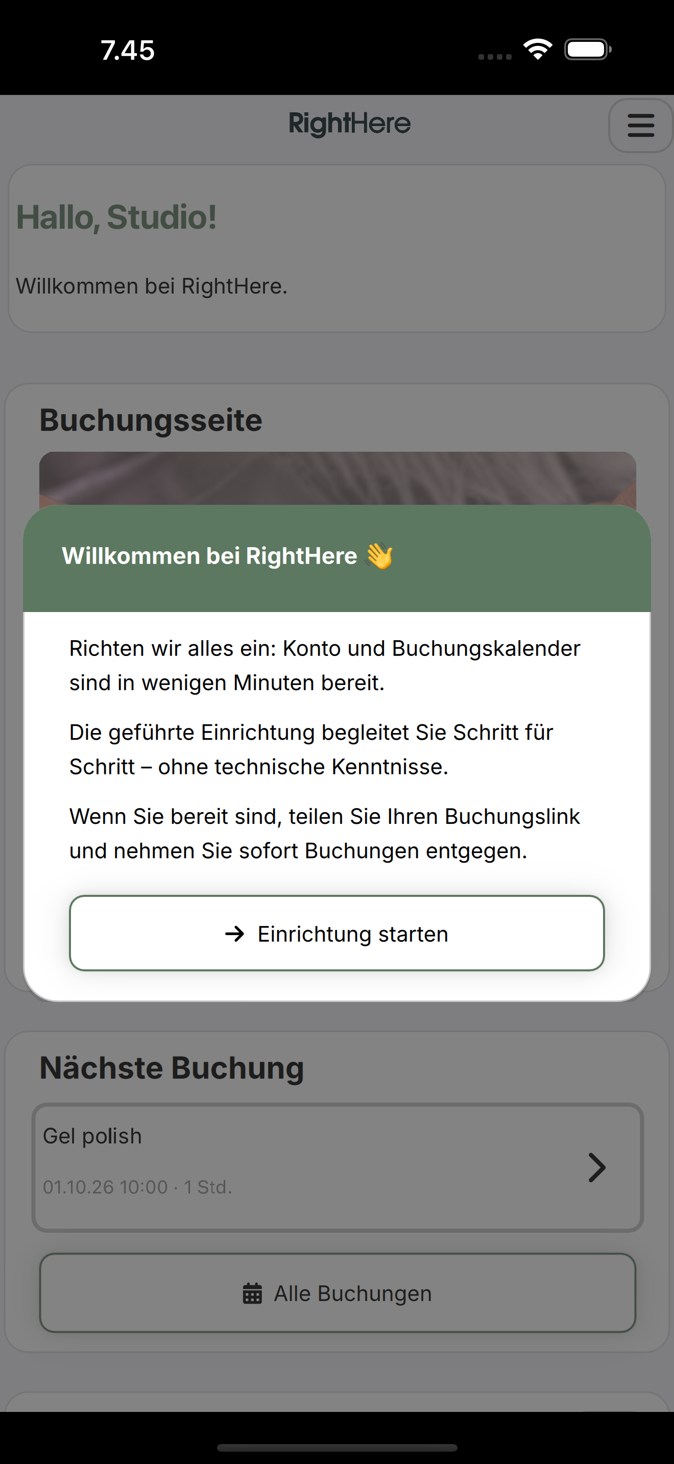 Willkommen-bei-RightHere-Dialog mit der Schaltfläche Einrichtung starten.