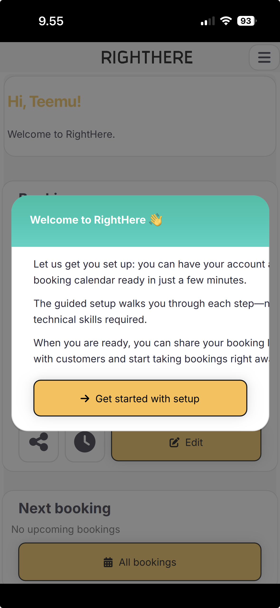 Welcome to RightHere dialog with Start setup button.
