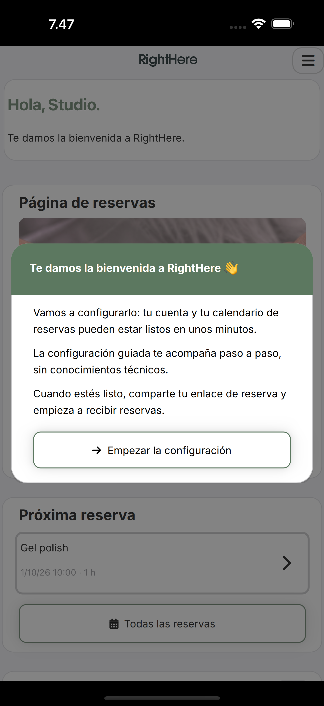 Diálogo Bienvenido a RightHere con el botón Empezar la configuración.