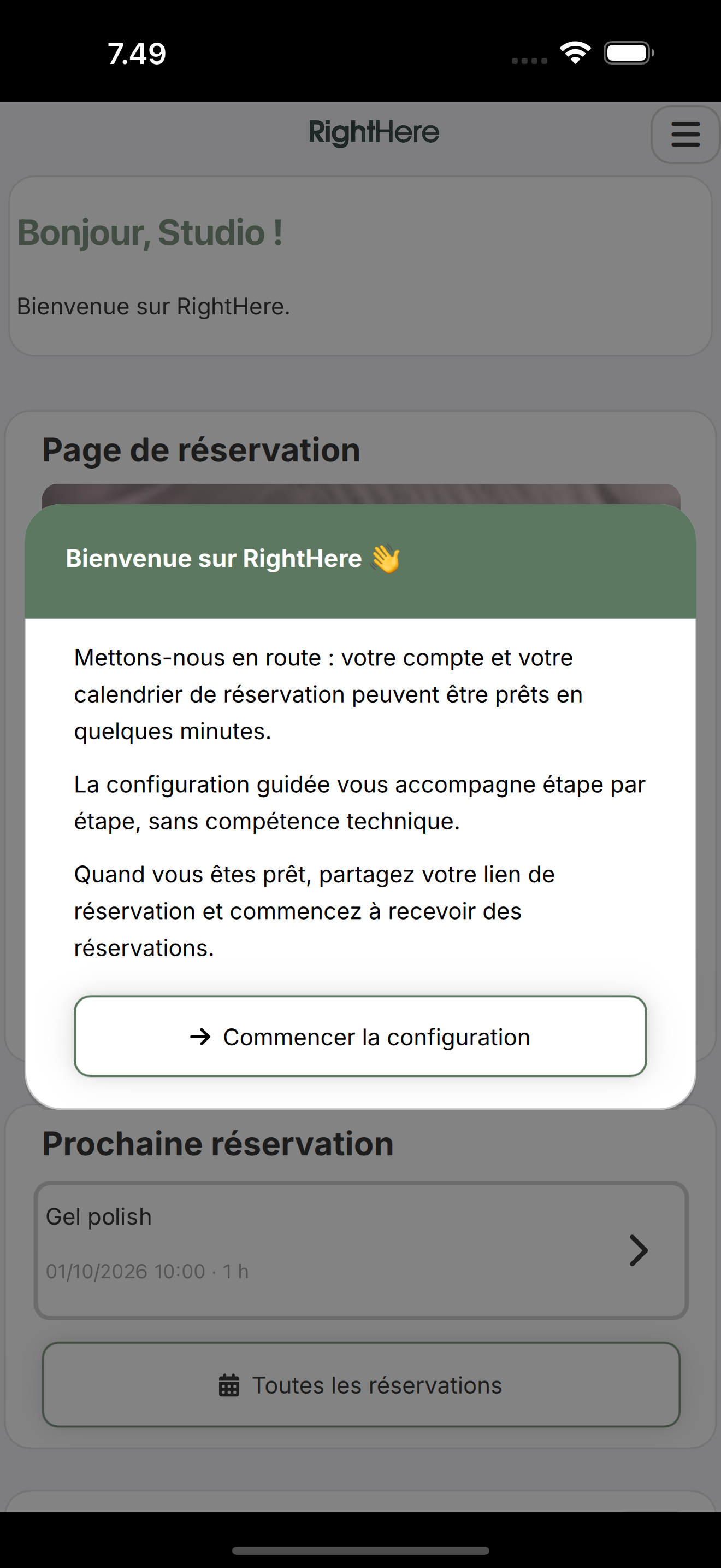 Dialogue Bienvenue sur RightHere avec le bouton Commencer la configuration.