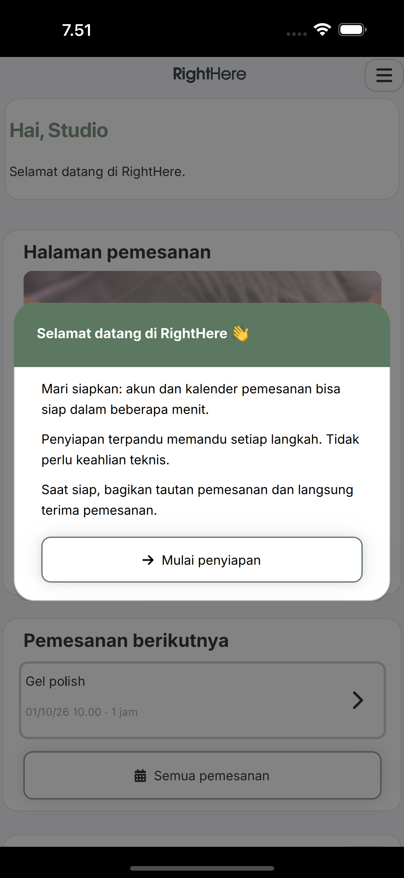 Dialog Selamat datang di RightHere dengan tombol Mulai penyiapan.