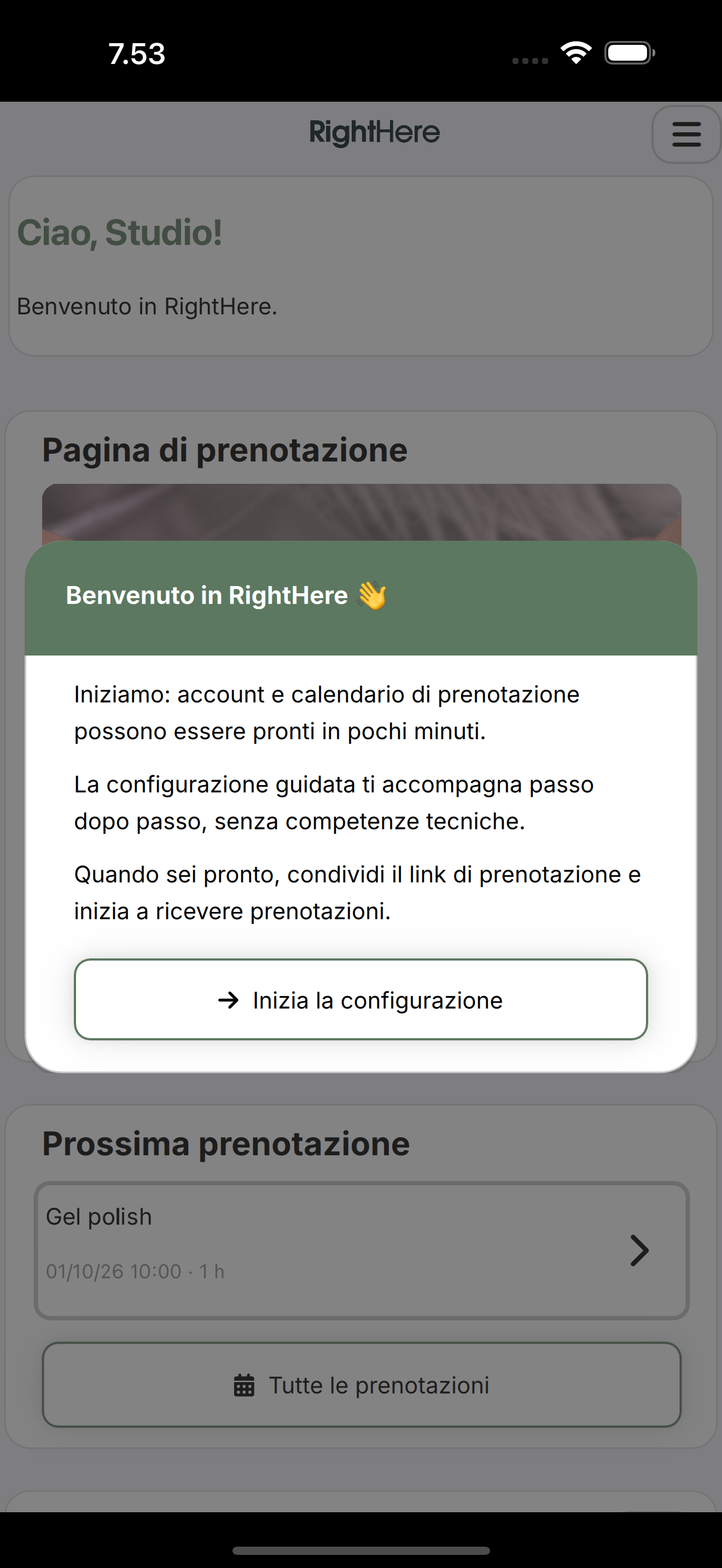 Finestra Benvenuto in RightHere con il pulsante Inizia la configurazione.