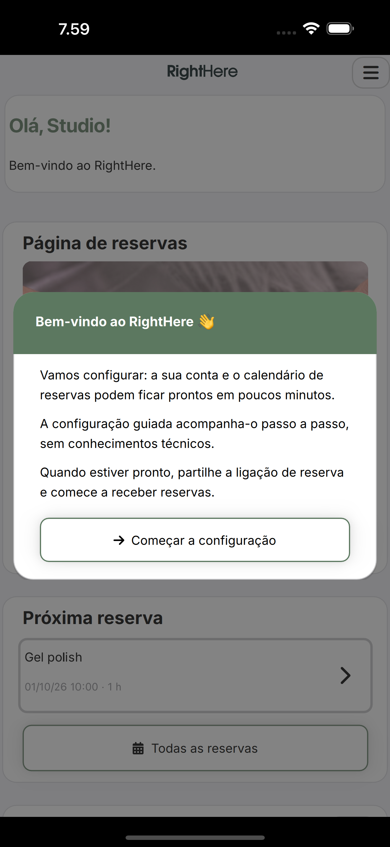 Diálogo Bem-vindo ao RightHere com o botão Começar a configuração.
