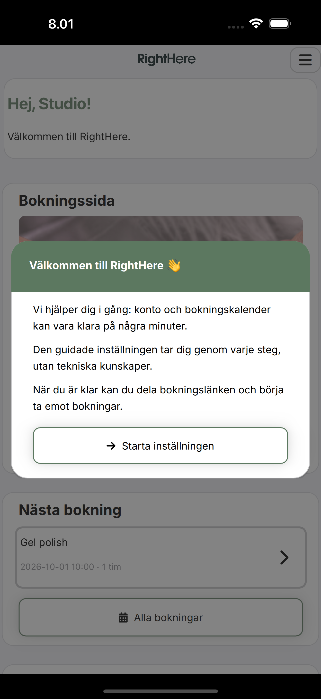 Välkommen till RightHere-dialog med knappen Starta inställningen.