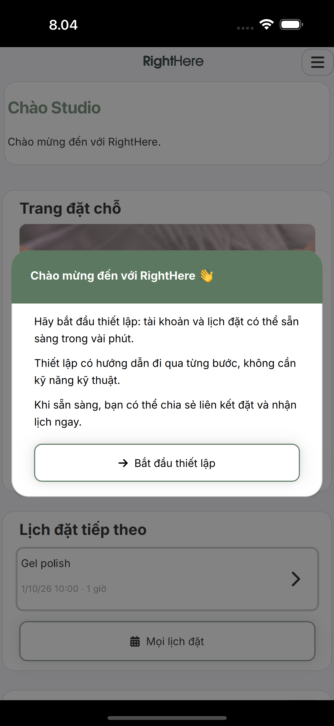 Hộp thoại Chào mừng đến RightHere với nút Bắt đầu thiết lập.