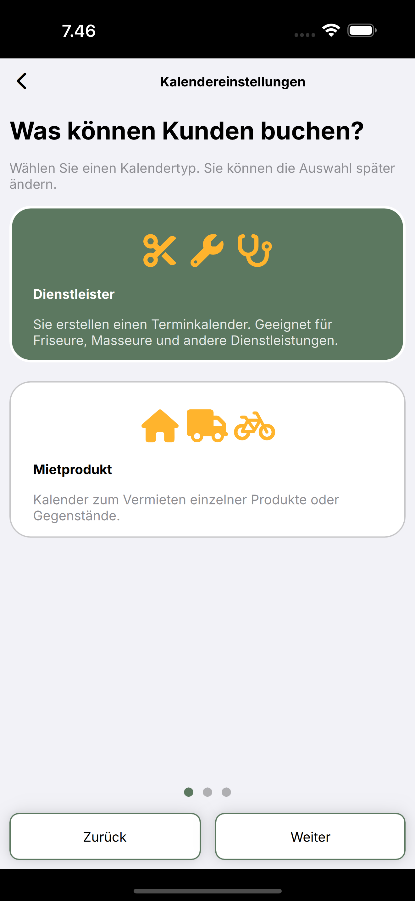 Kalendereinstellungen: Dienstleister oder Mietprodukt wählen.