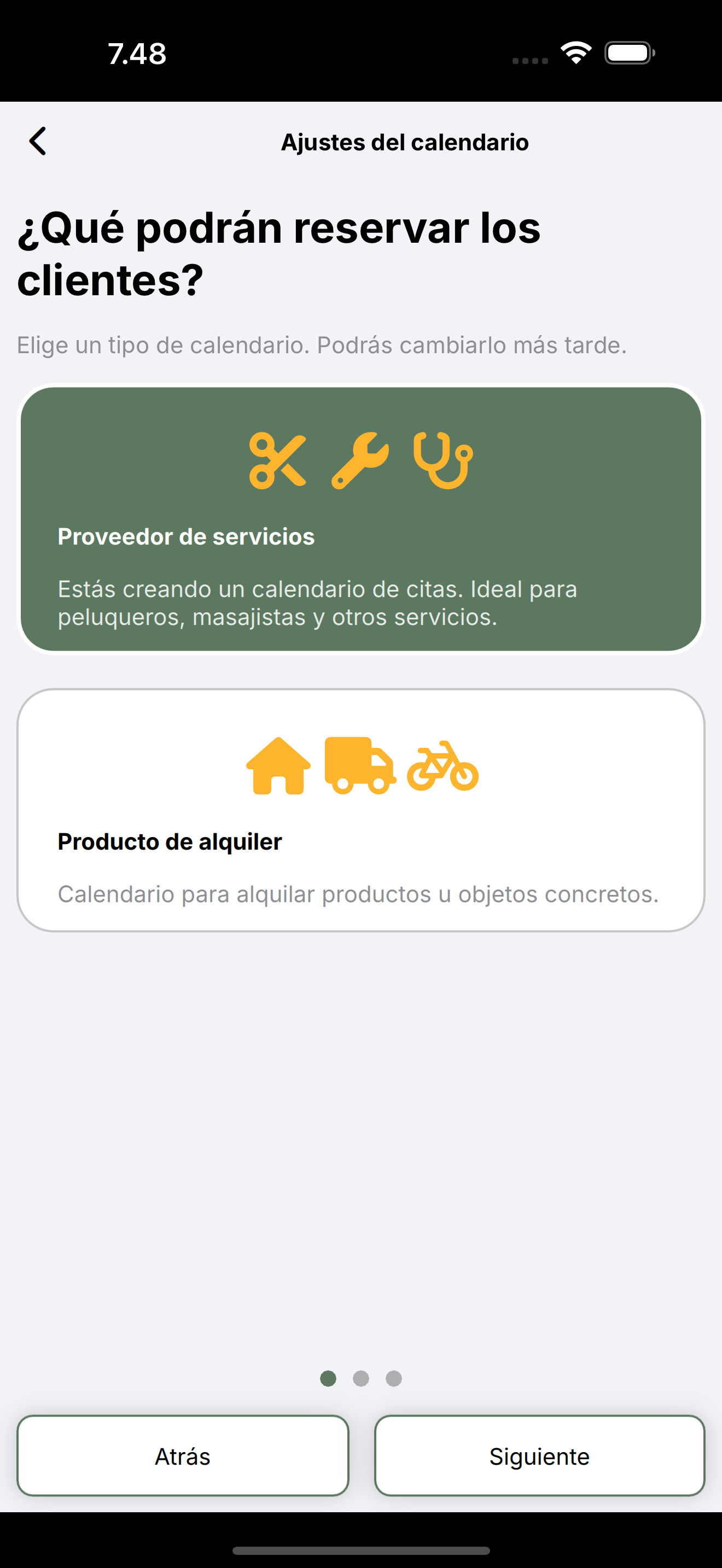 Ajustes del calendario: elige Proveedor de servicios o Producto de alquiler.