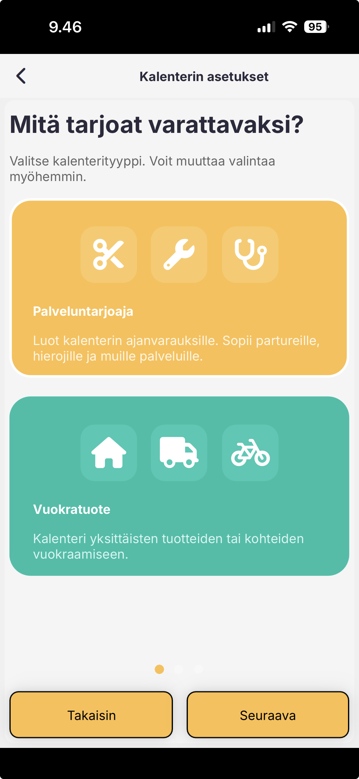 Kalenterin asetukset: valitse Palveluntarjoaja tai Vuokratuote.