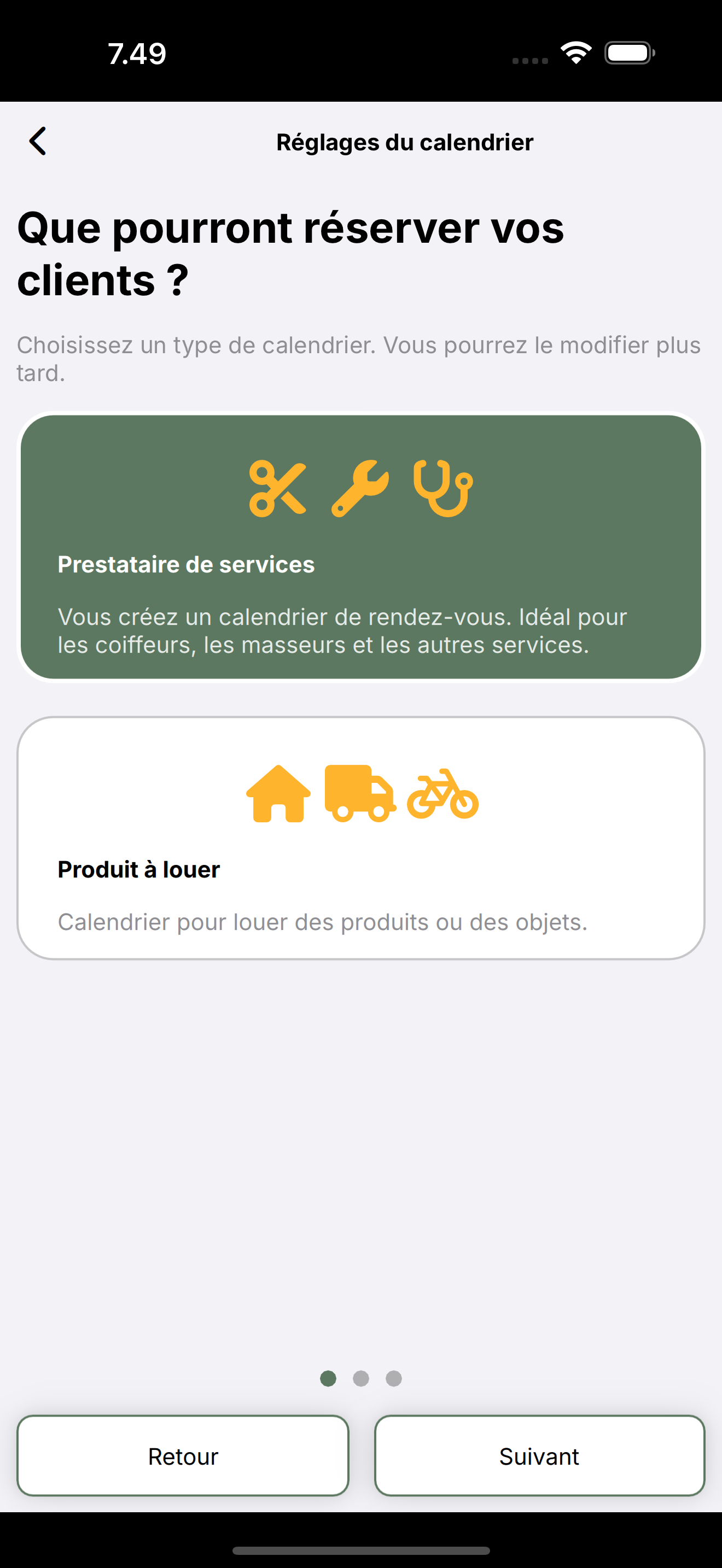 Paramètres du calendrier : Prestataire de services ou Produit à louer.