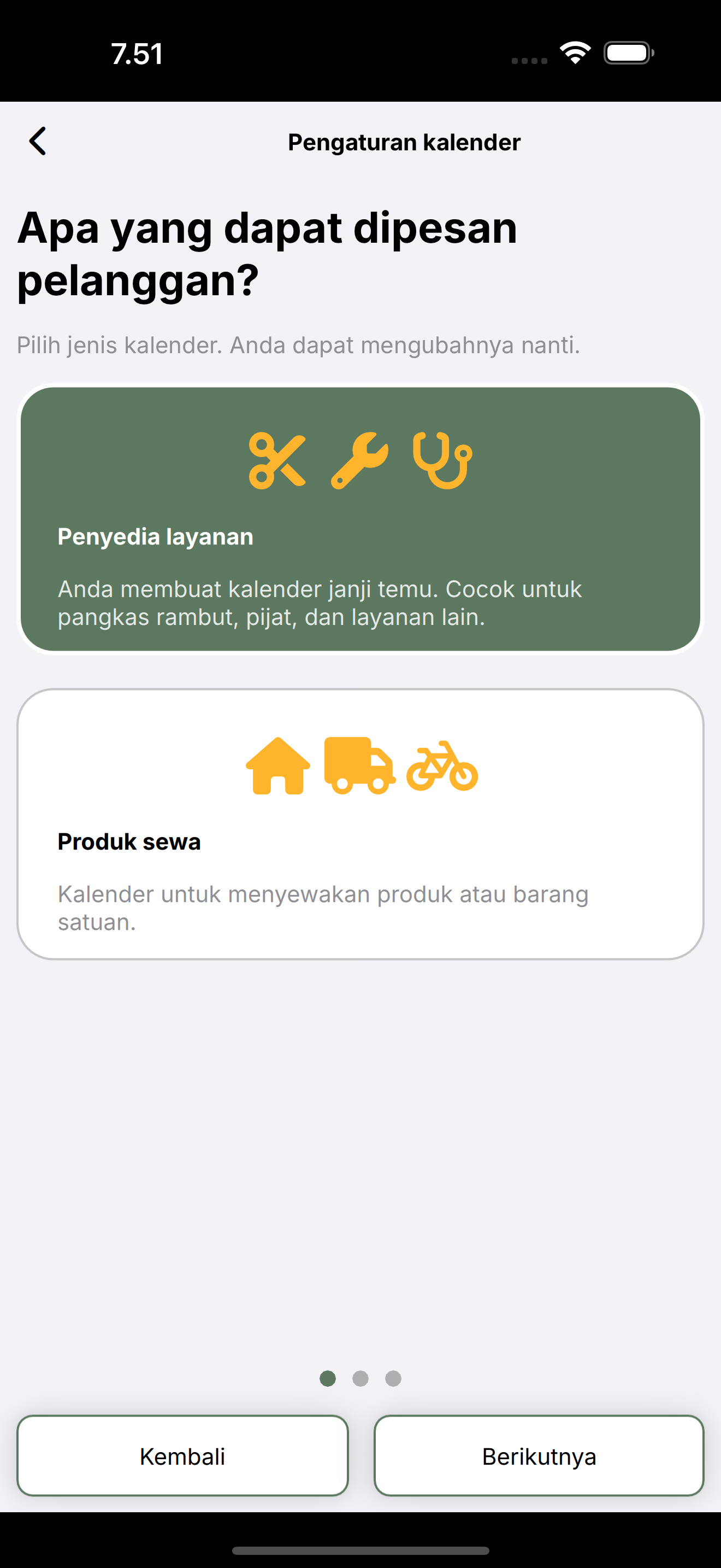 Pengaturan kalender: pilih Penyedia layanan atau Produk sewa.