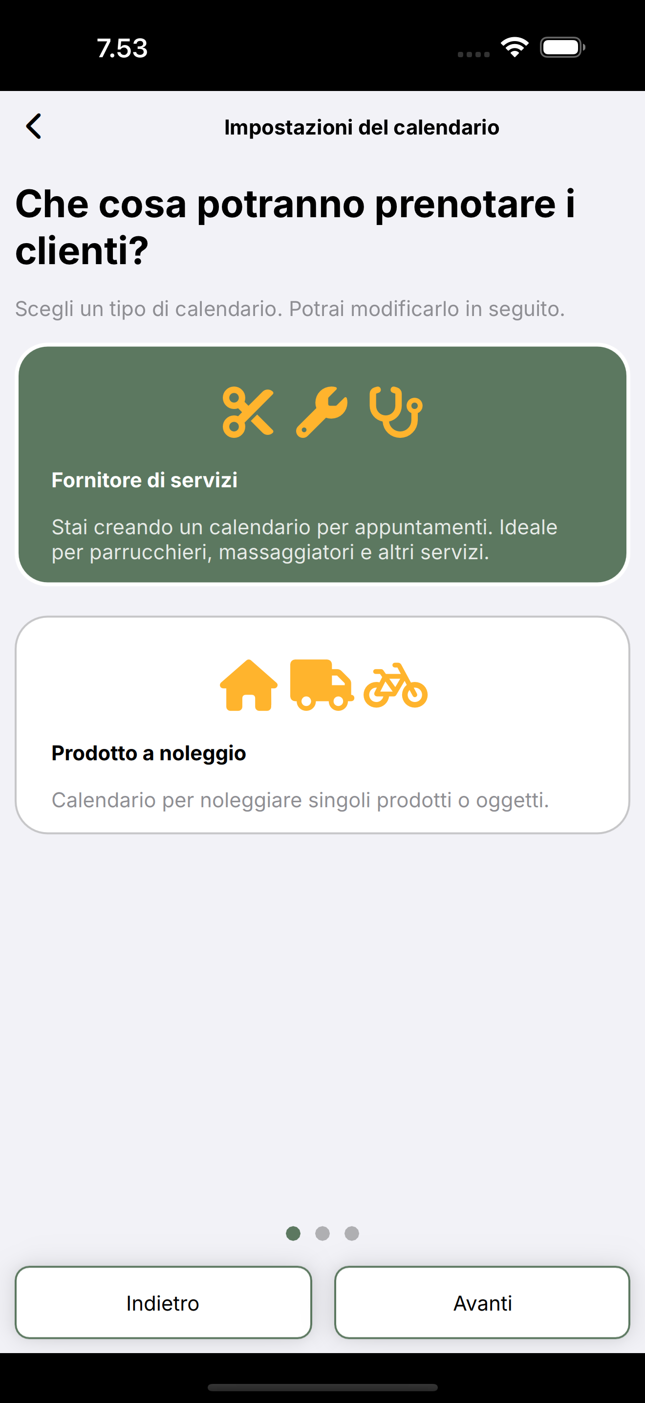 Impostazioni calendario: Fornitore di servizi o Prodotto a noleggio.