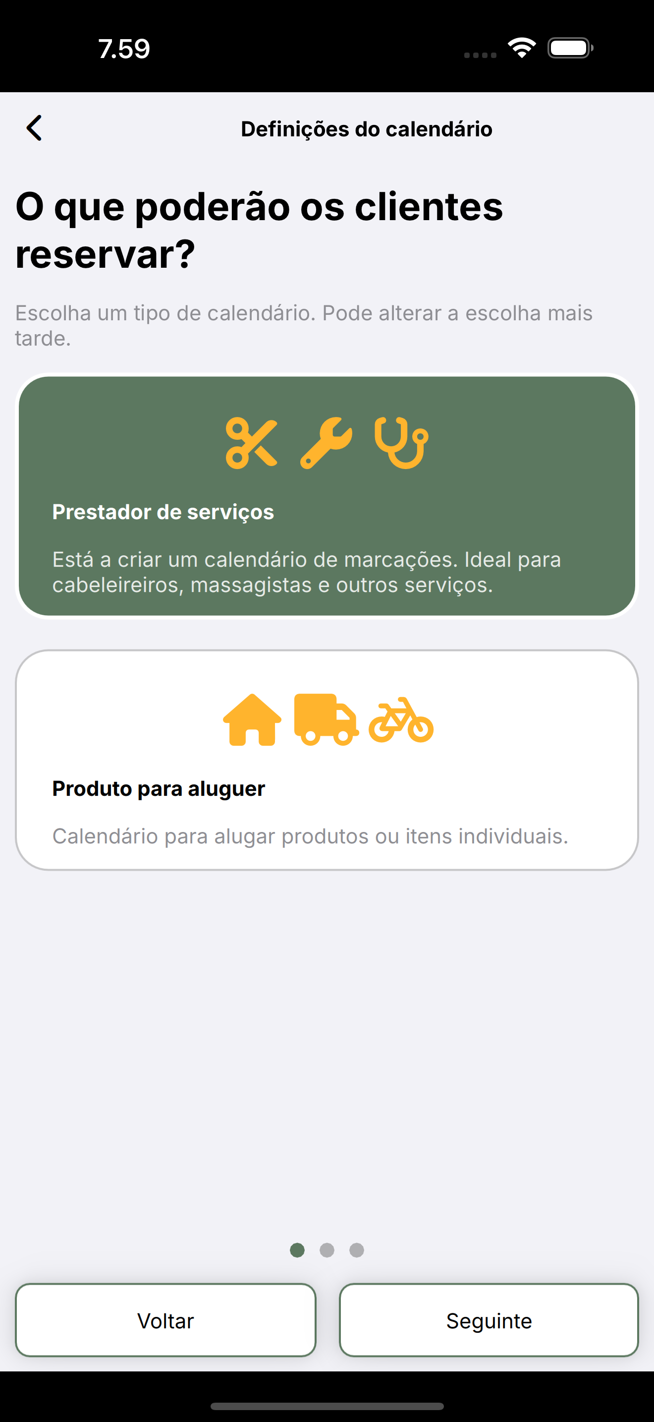 Definições do calendário: Prestador de serviços ou Produto para aluguer.