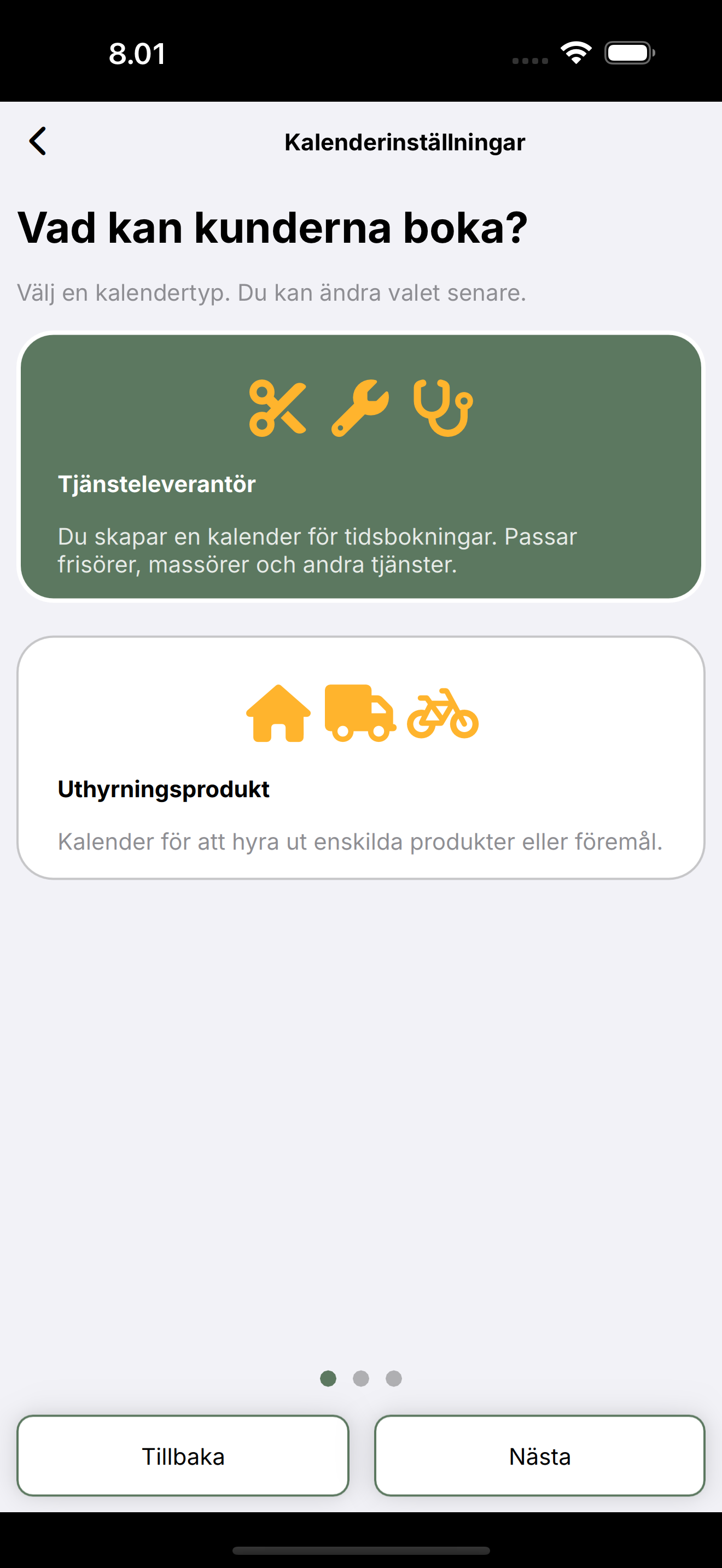 Kalenderinställningar: Tjänsteleverantör eller Uthyrningsprodukt.