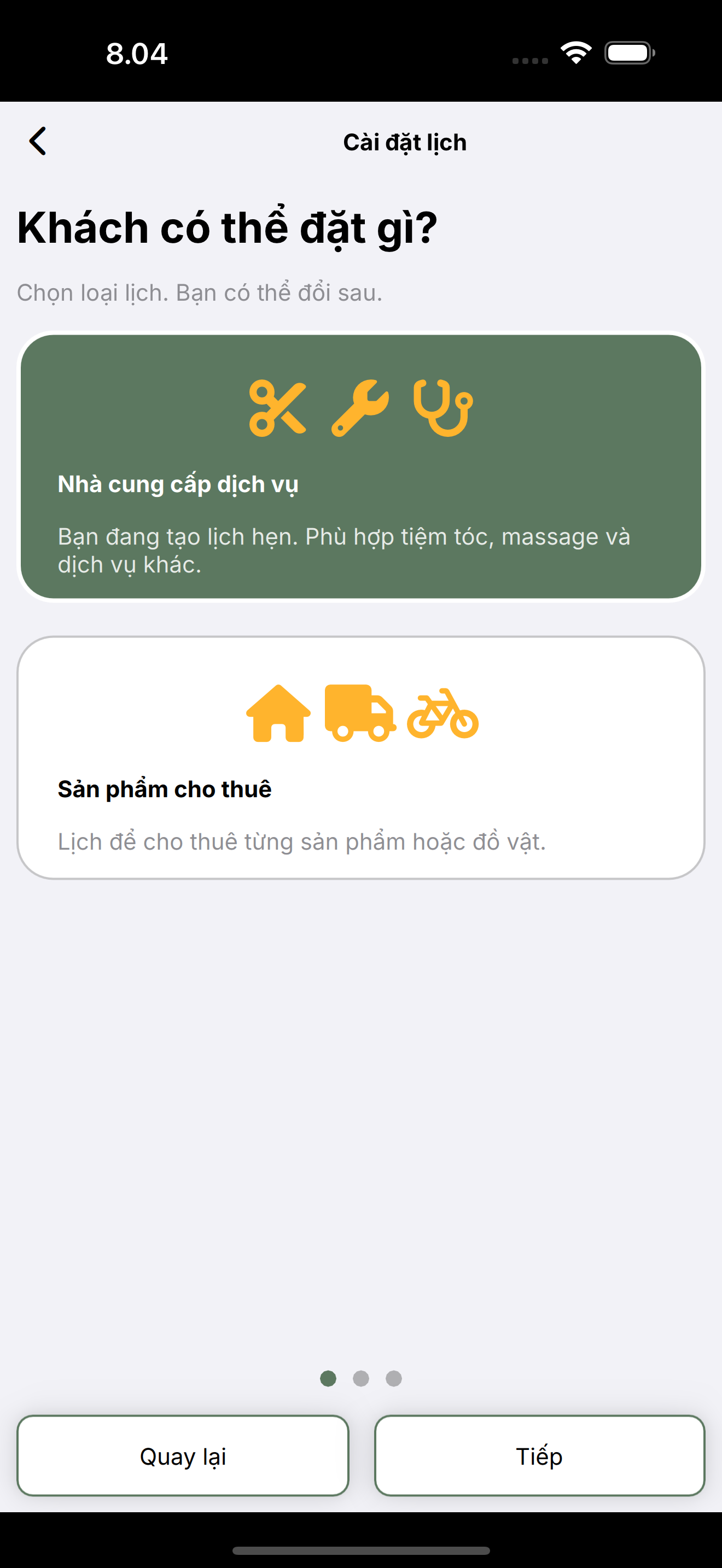 Cài đặt lịch: Nhà cung cấp dịch vụ hoặc Sản phẩm cho thuê.