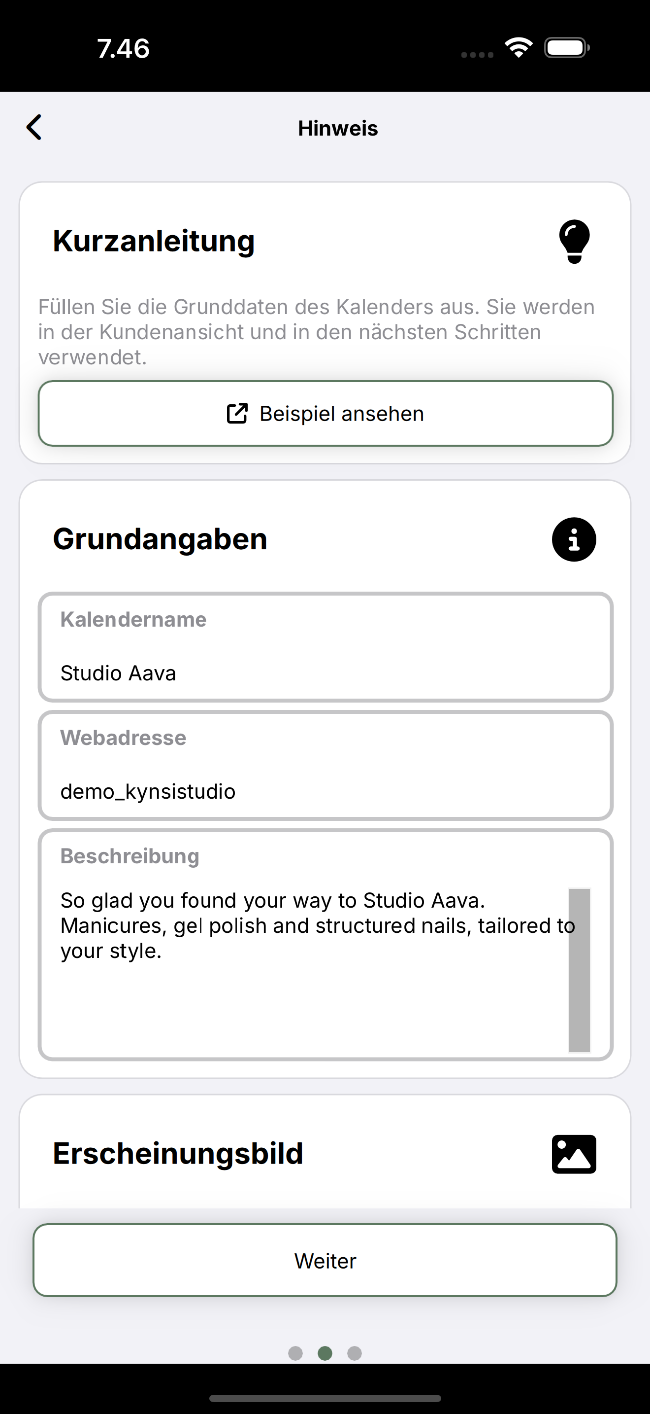 Listing-Schritt: Kurzanleitung, Kalendername, Webadresse und Beschreibung.