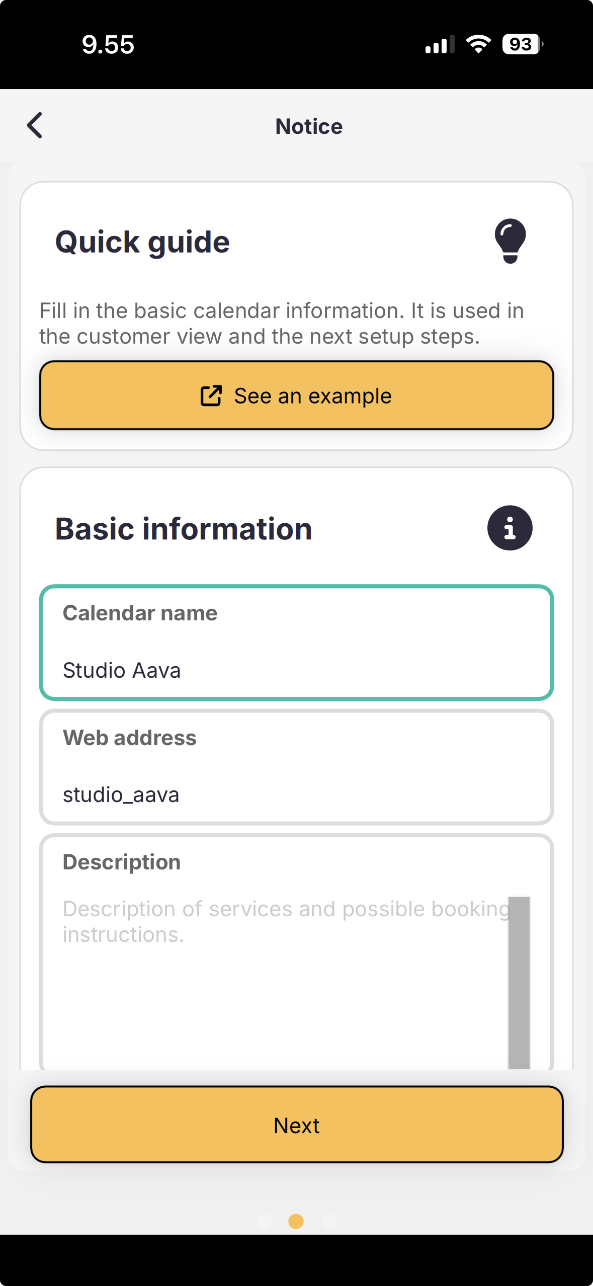 Listing step: calendar name, auto-generated booking URL and description.