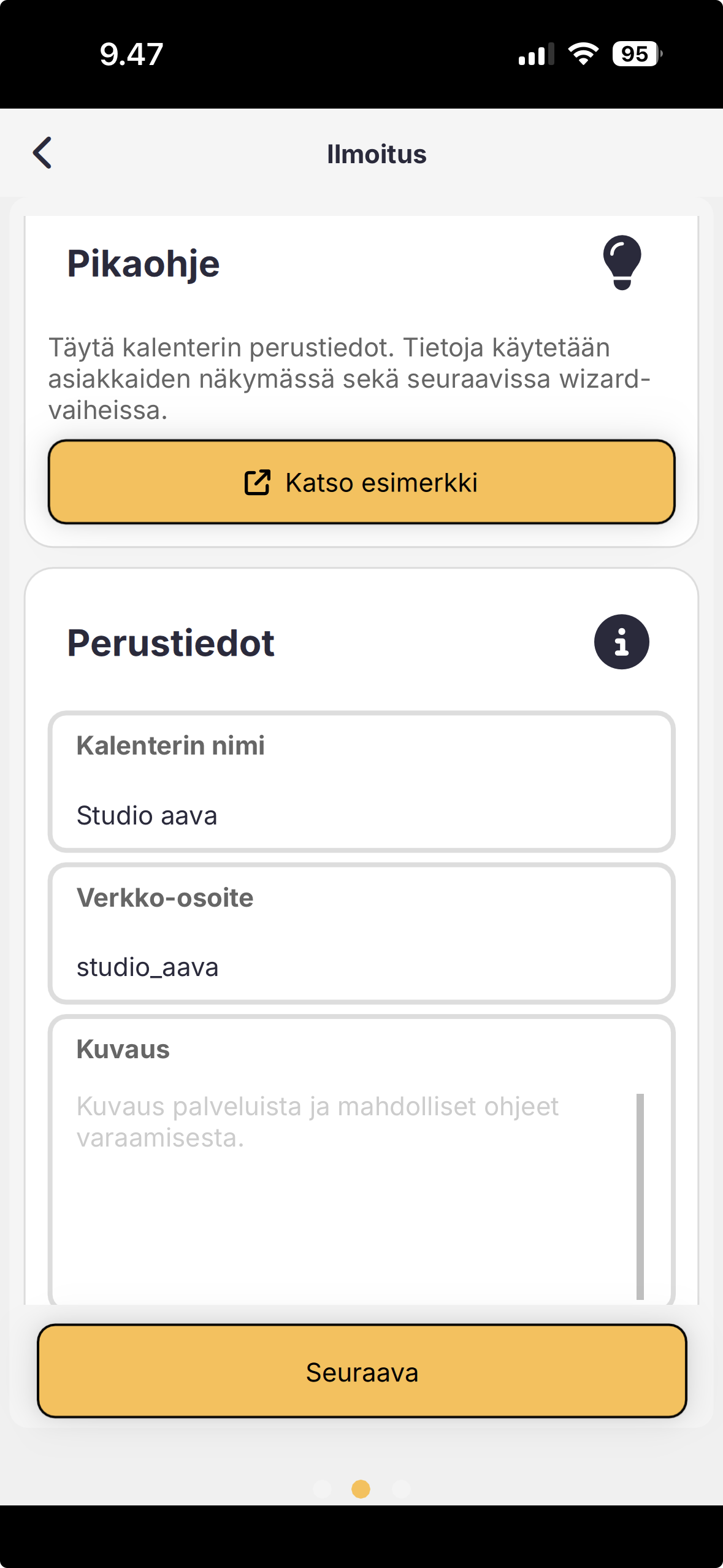 Ilmoitus-vaihe: kalenterin nimi, automaattisesti luotu varausosoite ja kuvaus.
