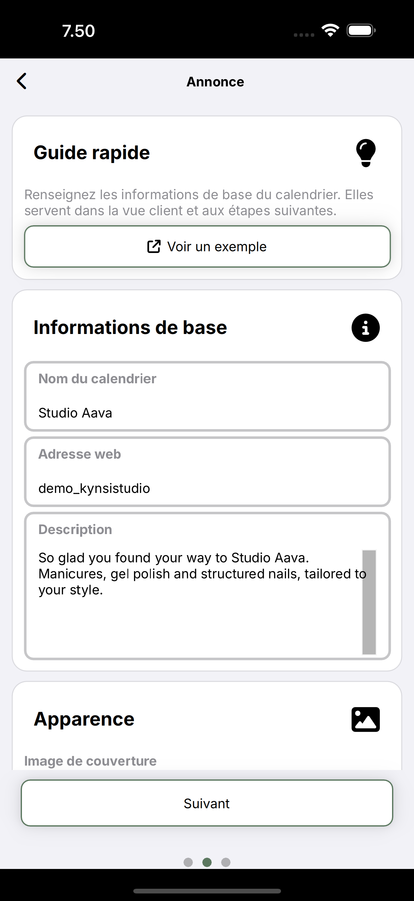 Étape fiche : guide rapide, nom, adresse web et description.