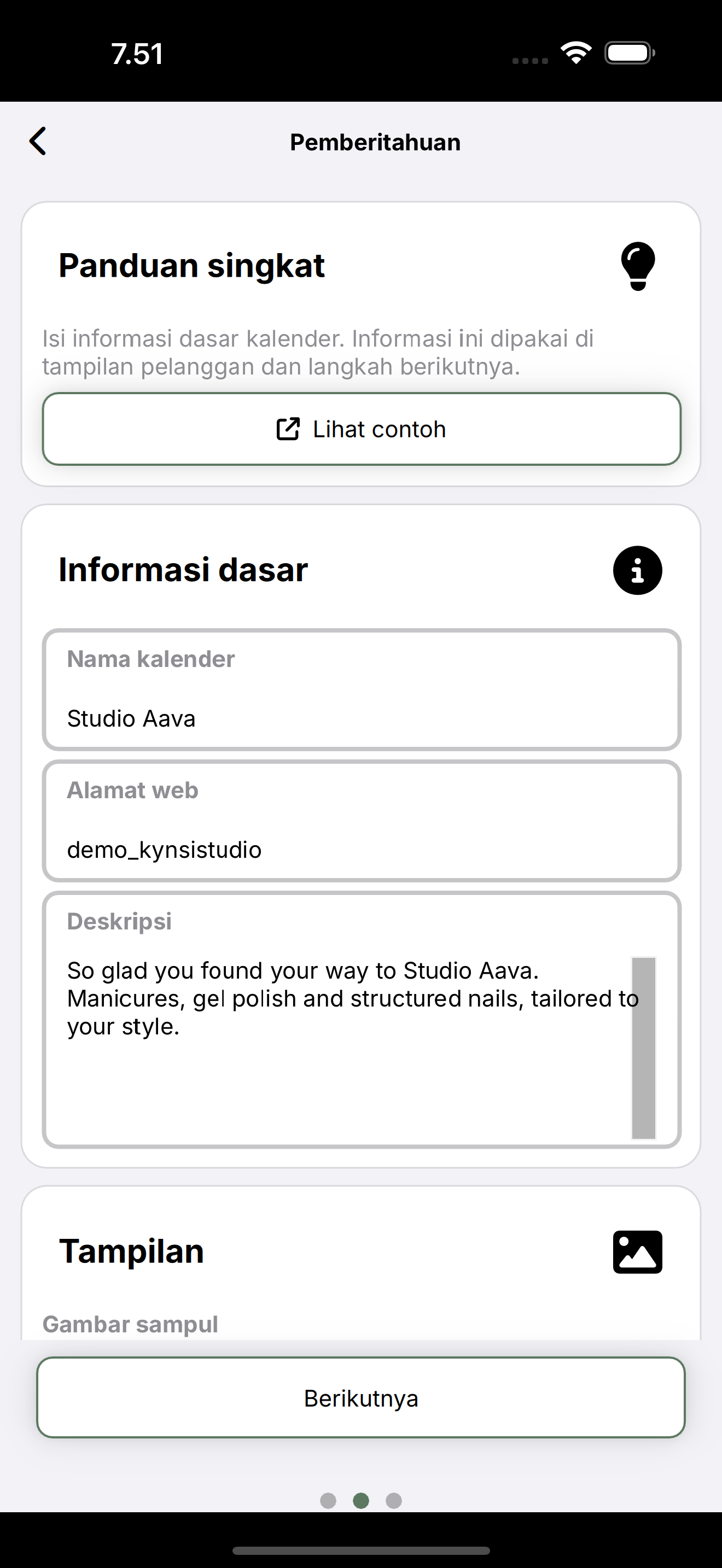 Langkah daftar: panduan singkat, nama, alamat web, dan deskripsi.