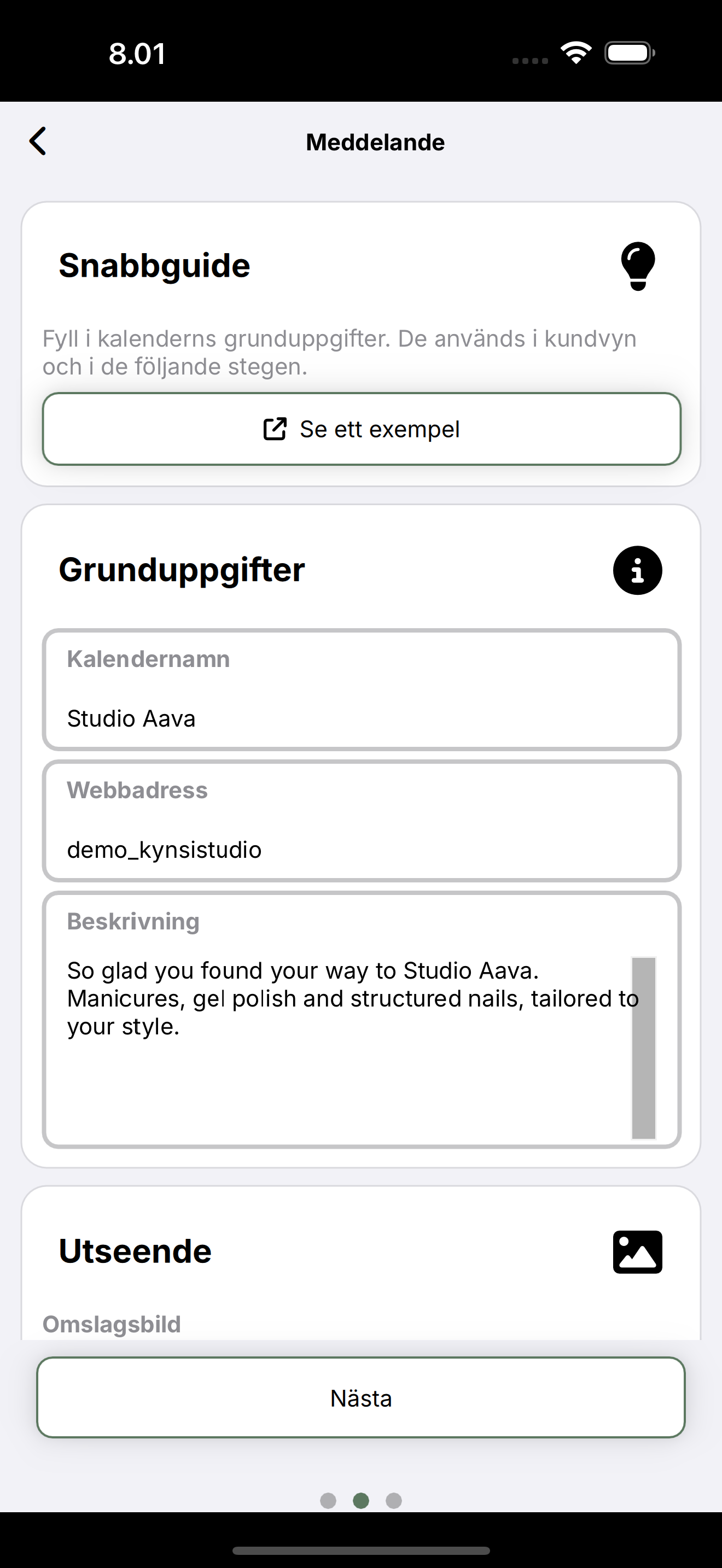 Listningssteg: snabbguide, namn, webbadress och beskrivning.