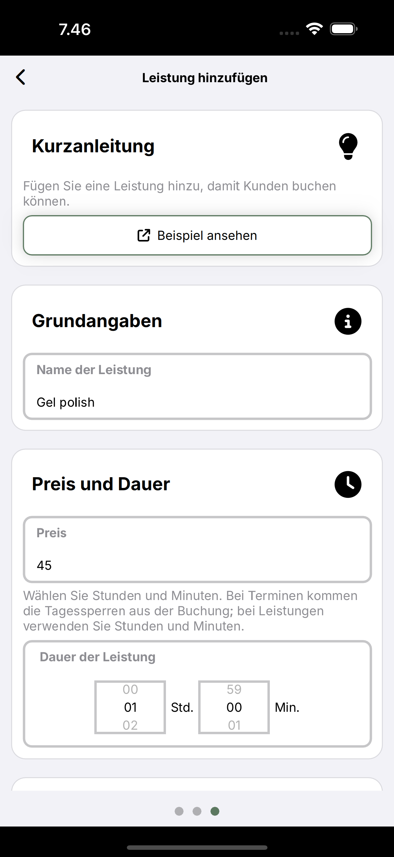 Formular Leistung hinzufügen: Name, Preis und Dauer.