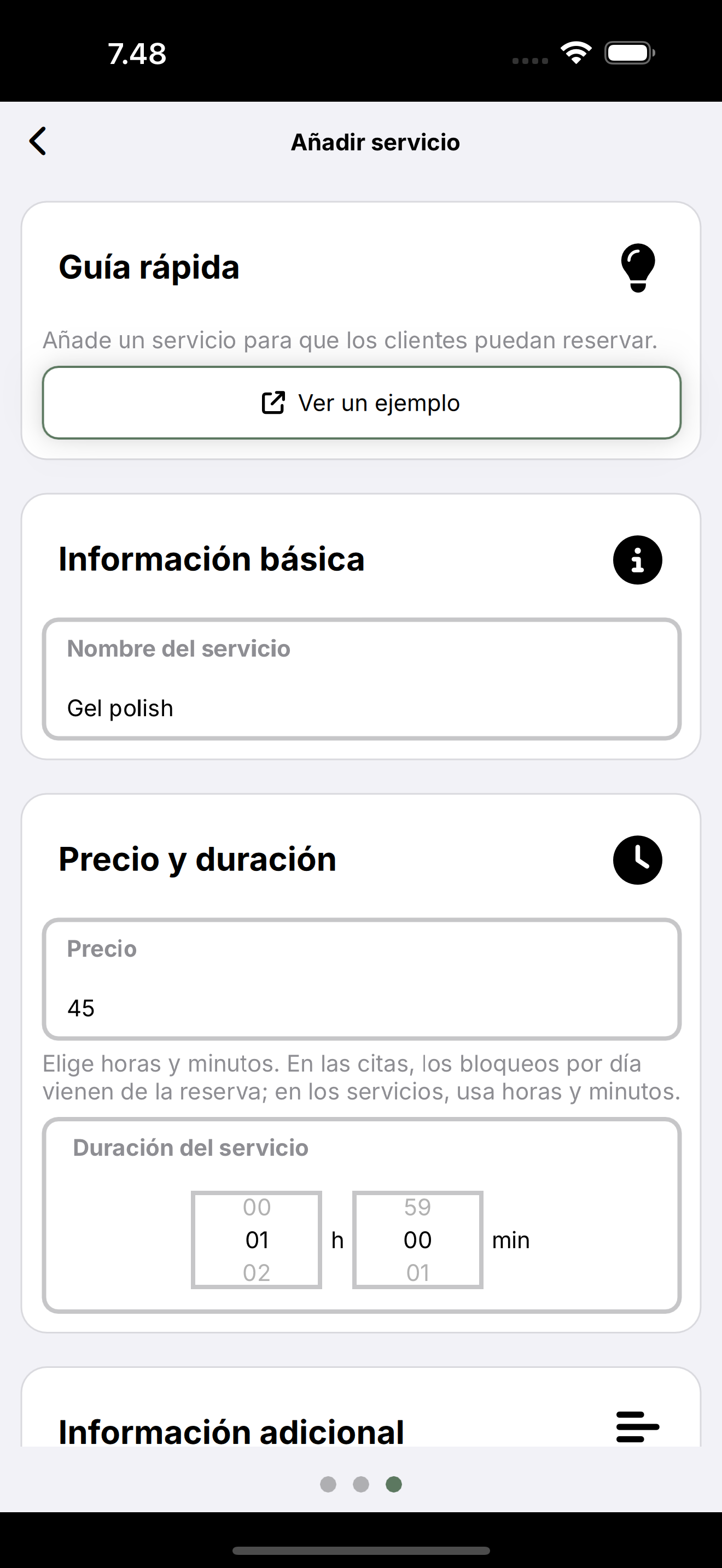 Formulario Añadir servicio: nombre, precio y duración.