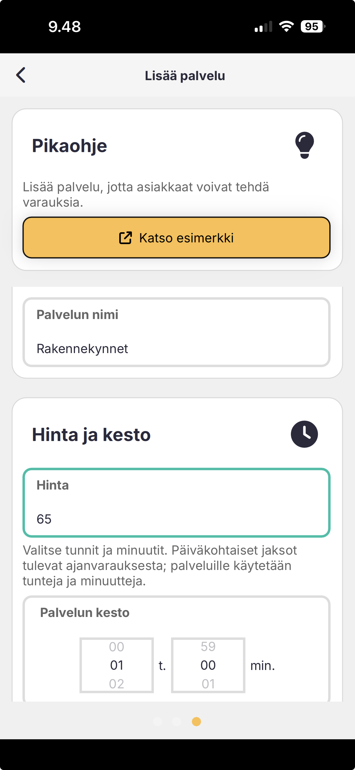 Lisää palvelu -lomake: palvelun nimi, hinta ja kesto.