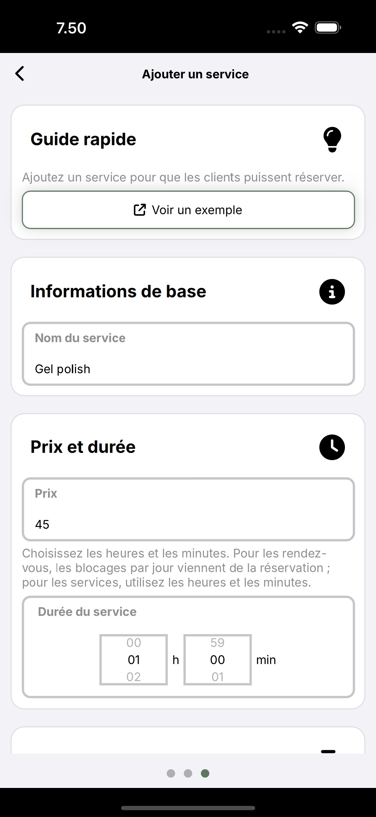 Formulaire Ajouter un service : nom, prix et durée.