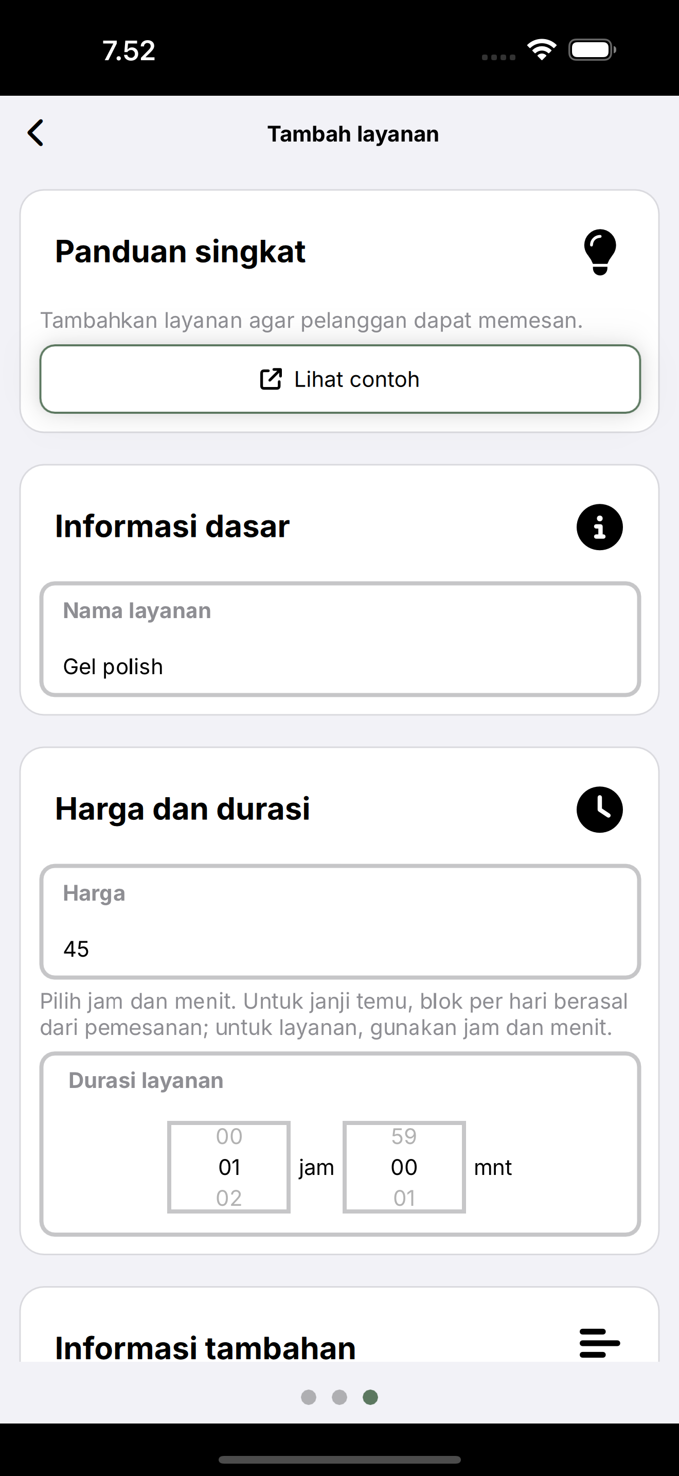 Formulir Tambah layanan: nama, harga, dan durasi.