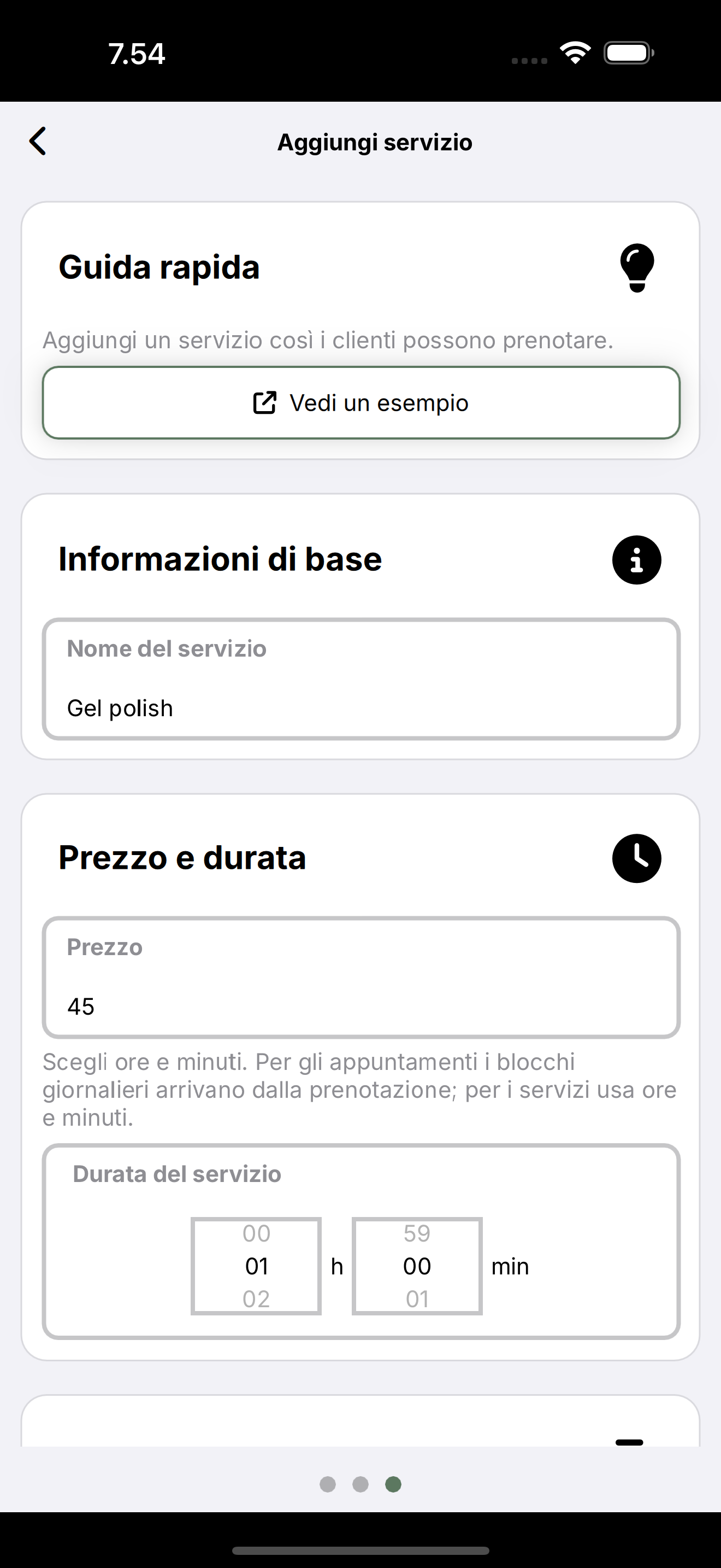 Modulo Aggiungi servizio: nome, prezzo e durata.