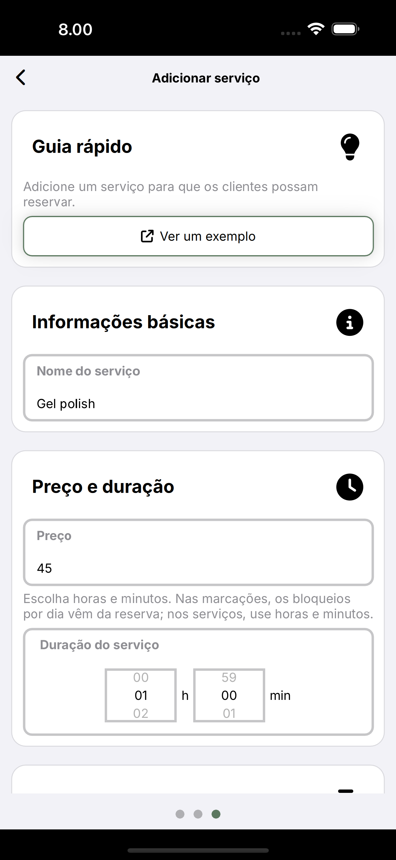 Formulário Adicionar serviço: nome, preço e duração.