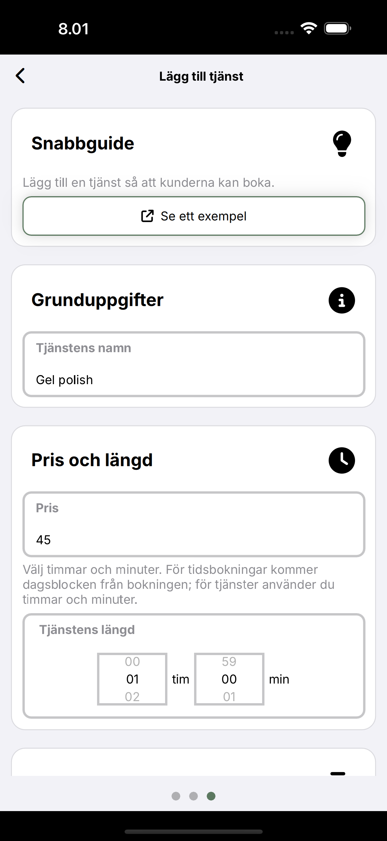 Formuläret Lägg till tjänst: namn, pris och längd.