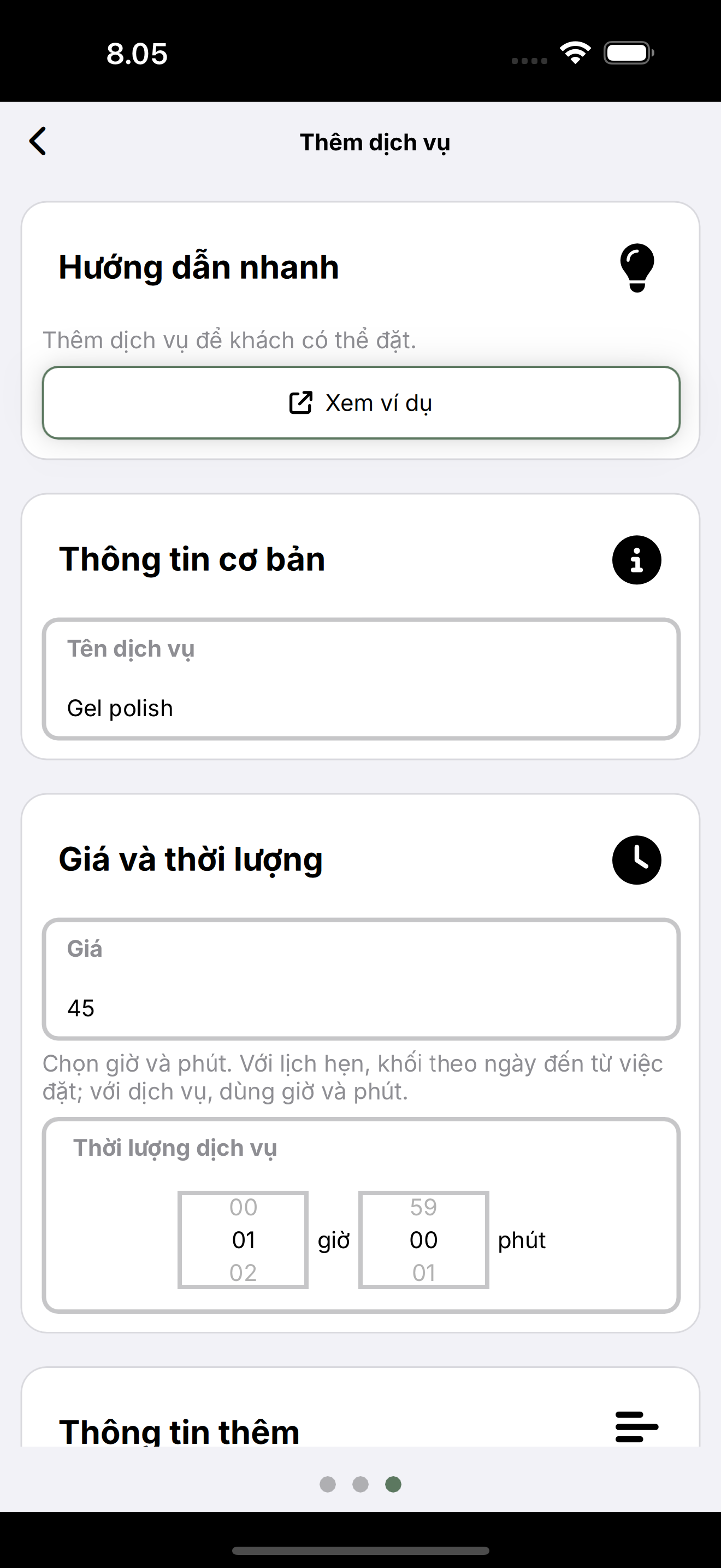 Biểu mẫu Thêm dịch vụ: tên, giá và thời lượng.