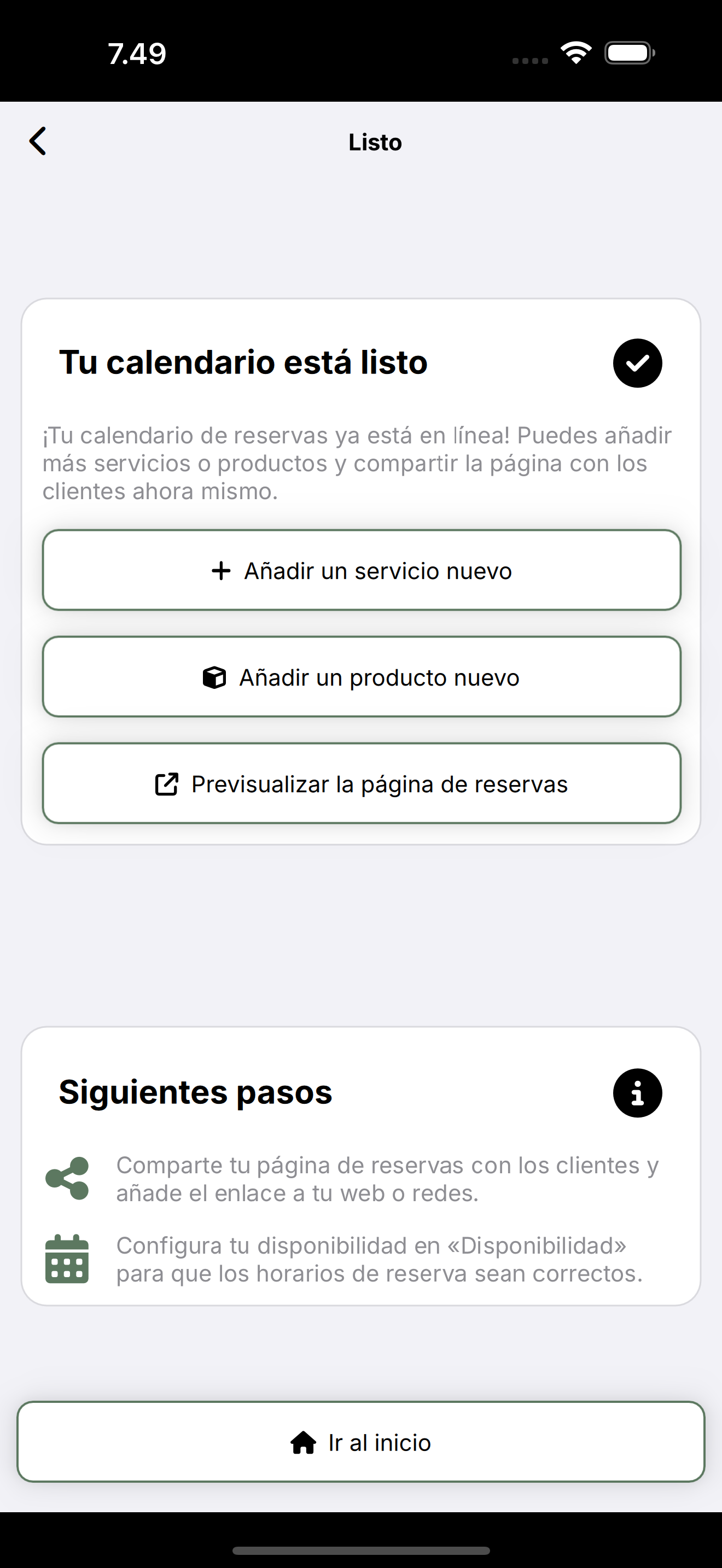 Pantalla Tu calendario está listo: previsualizar página y siguientes pasos.