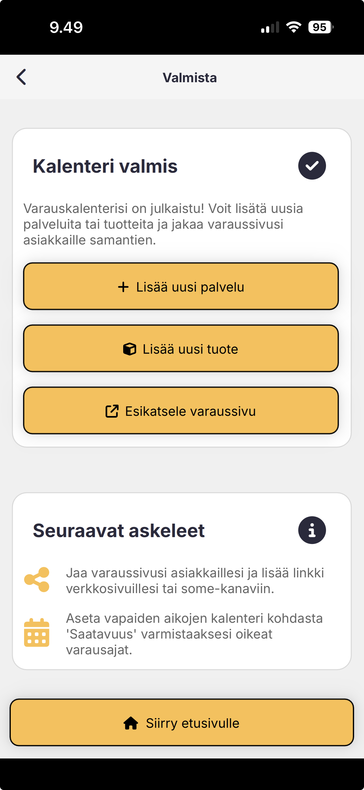 Kalenteri valmis -näkymä: esikatsele varaussivu ja seuraavat askeleet.