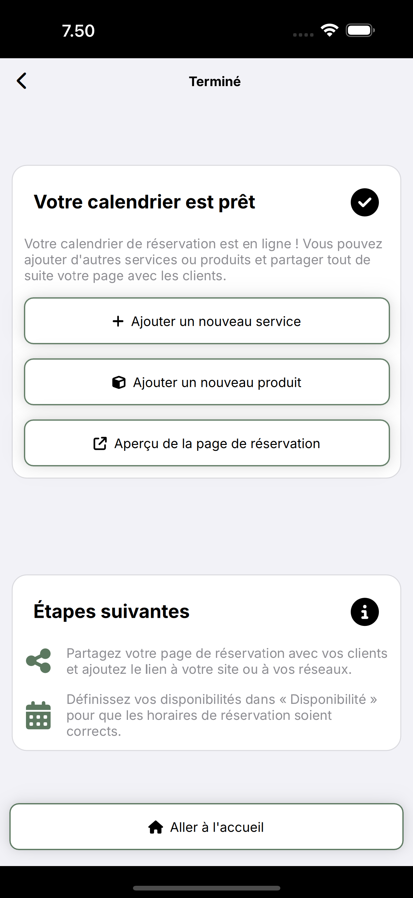 Écran Votre calendrier est prêt : aperçu de la page et étapes suivantes.