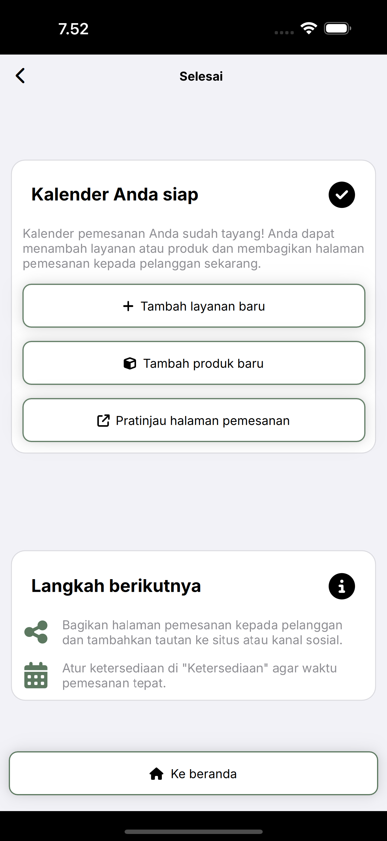 Layar Kalender siap: pratinjau halaman dan langkah berikutnya.
