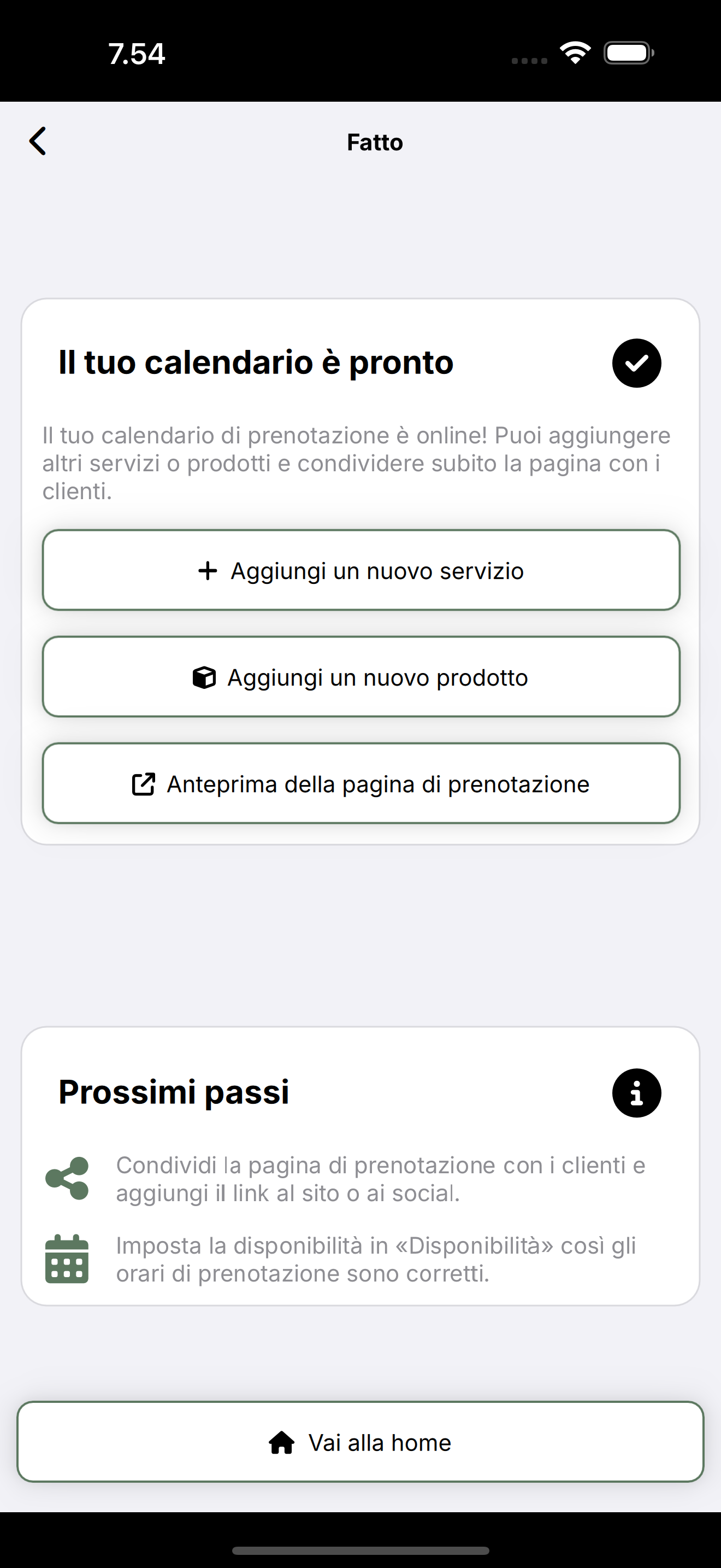 Schermata Calendario pronto: anteprima pagina e prossimi passi.
