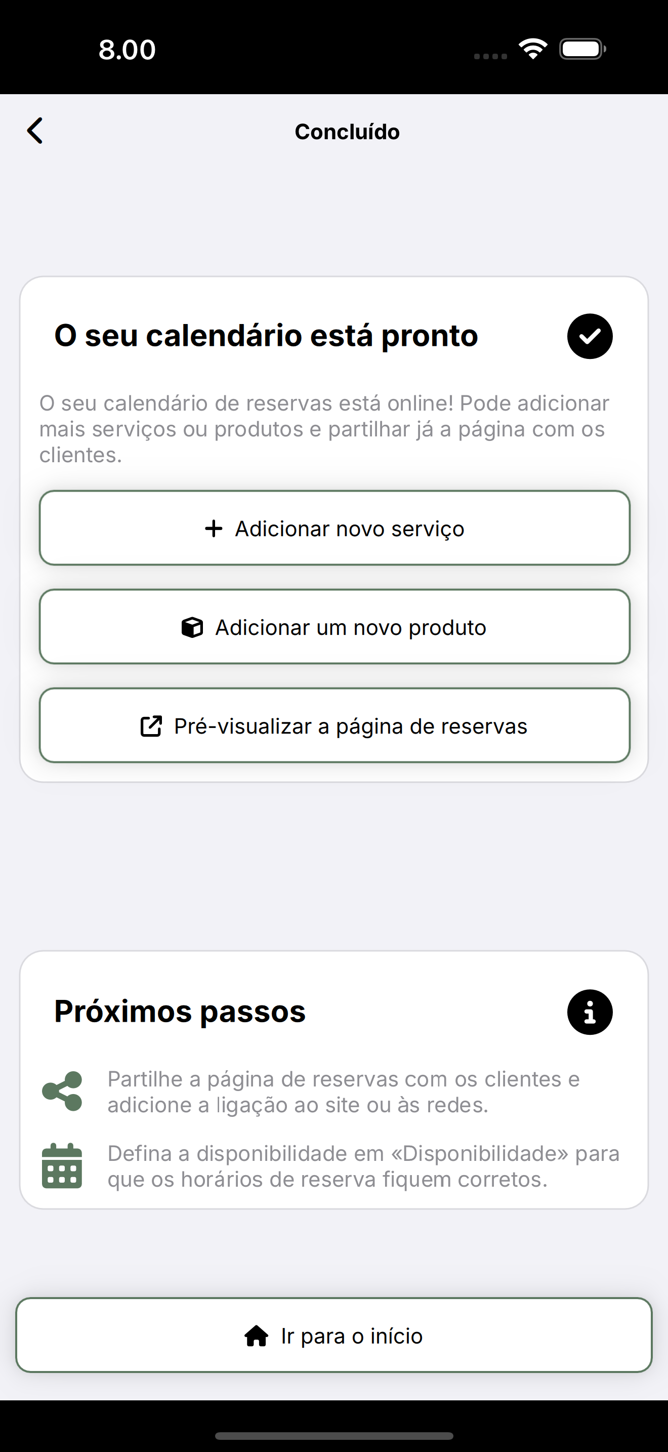 Ecrã Calendário pronto: pré-visualizar página e próximos passos.